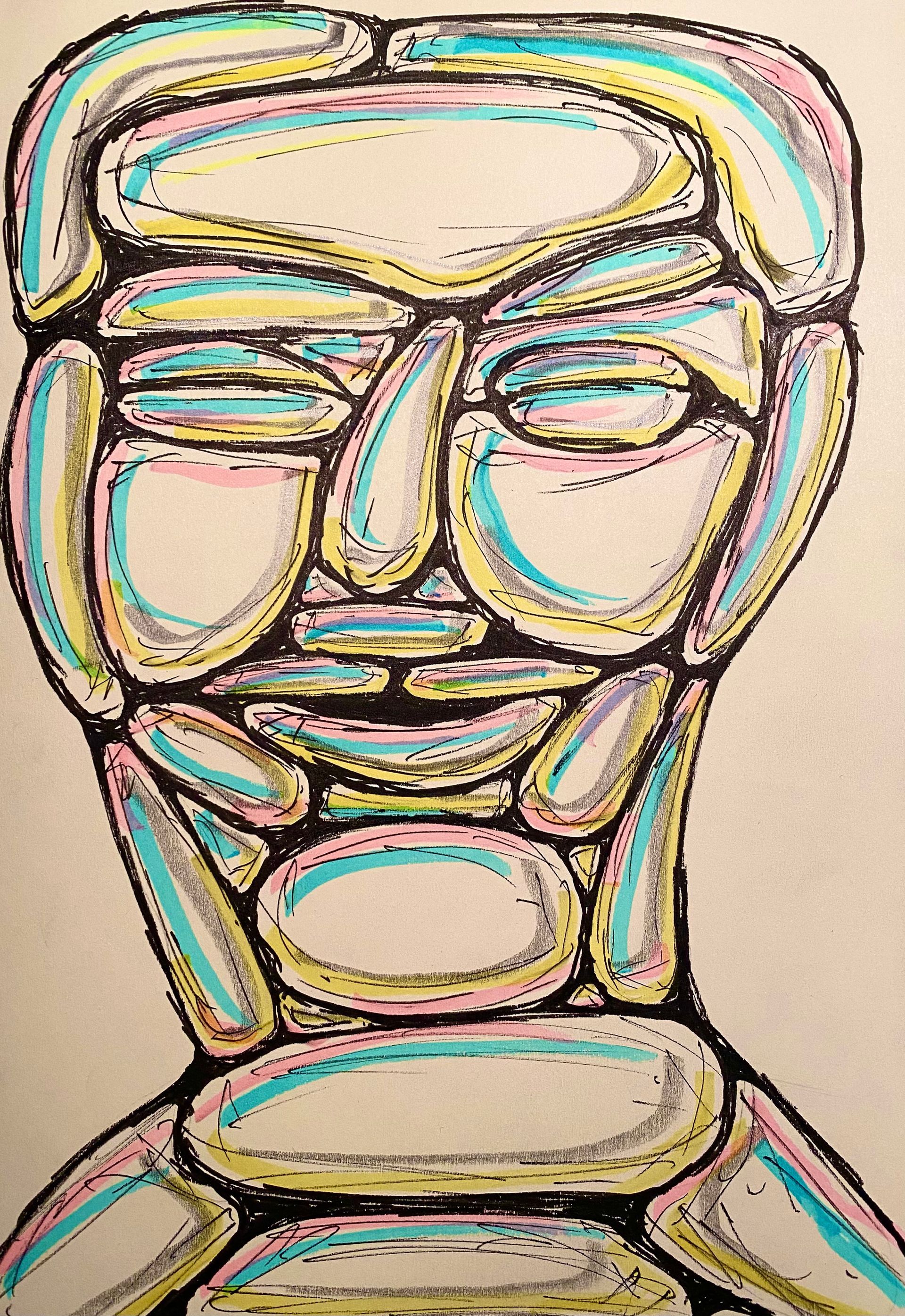 Abstracte, kleurrijke lijntekening van een gestileerd gezicht met gelaagde pastelkleurige contouren op een lichte achtergrond.