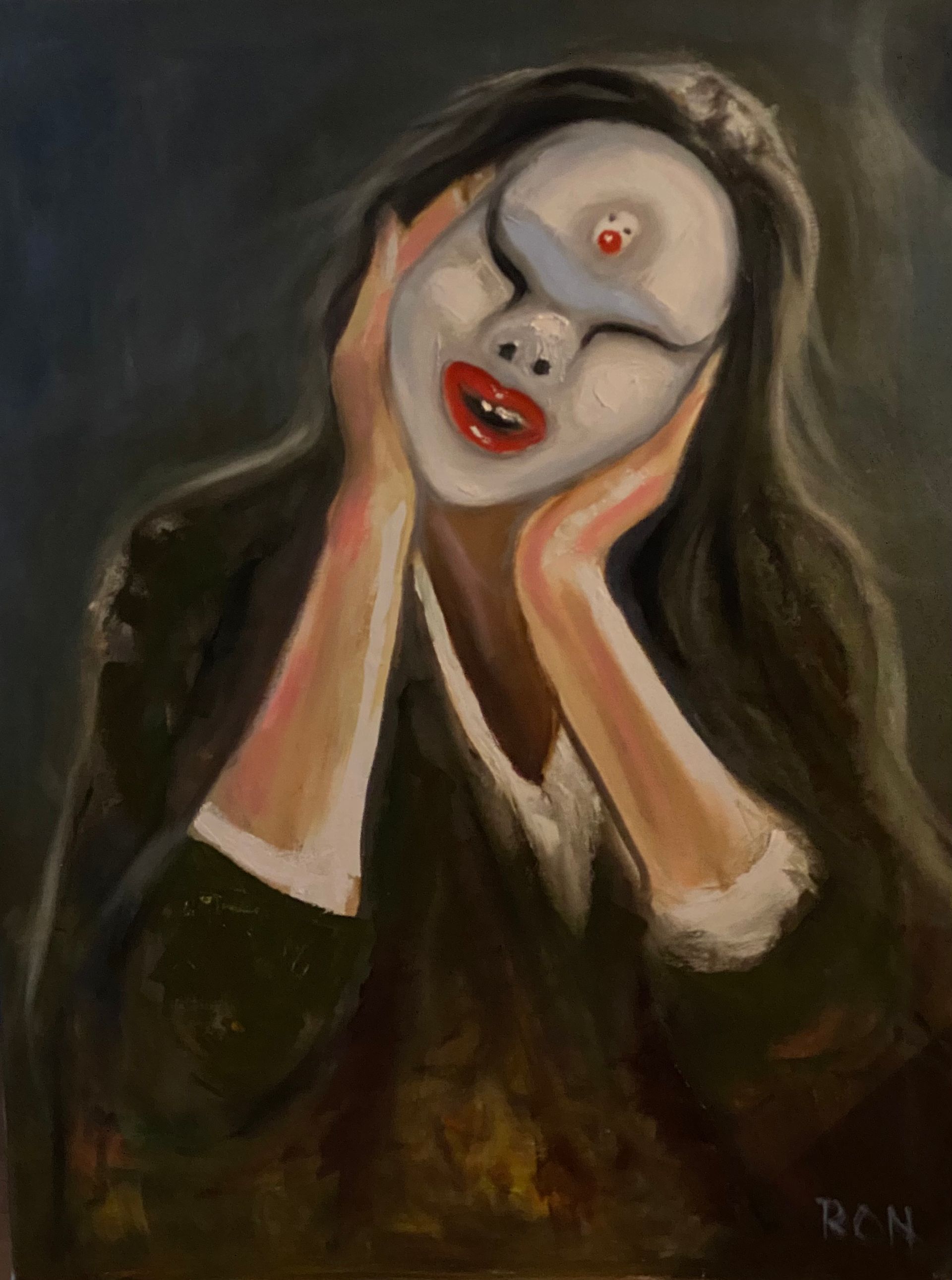 Abstract schilderij van een gekwelde figuur die het gezicht vasthoudt, met bleke, maskerachtige gelaatstrekken en donkere kleding.
