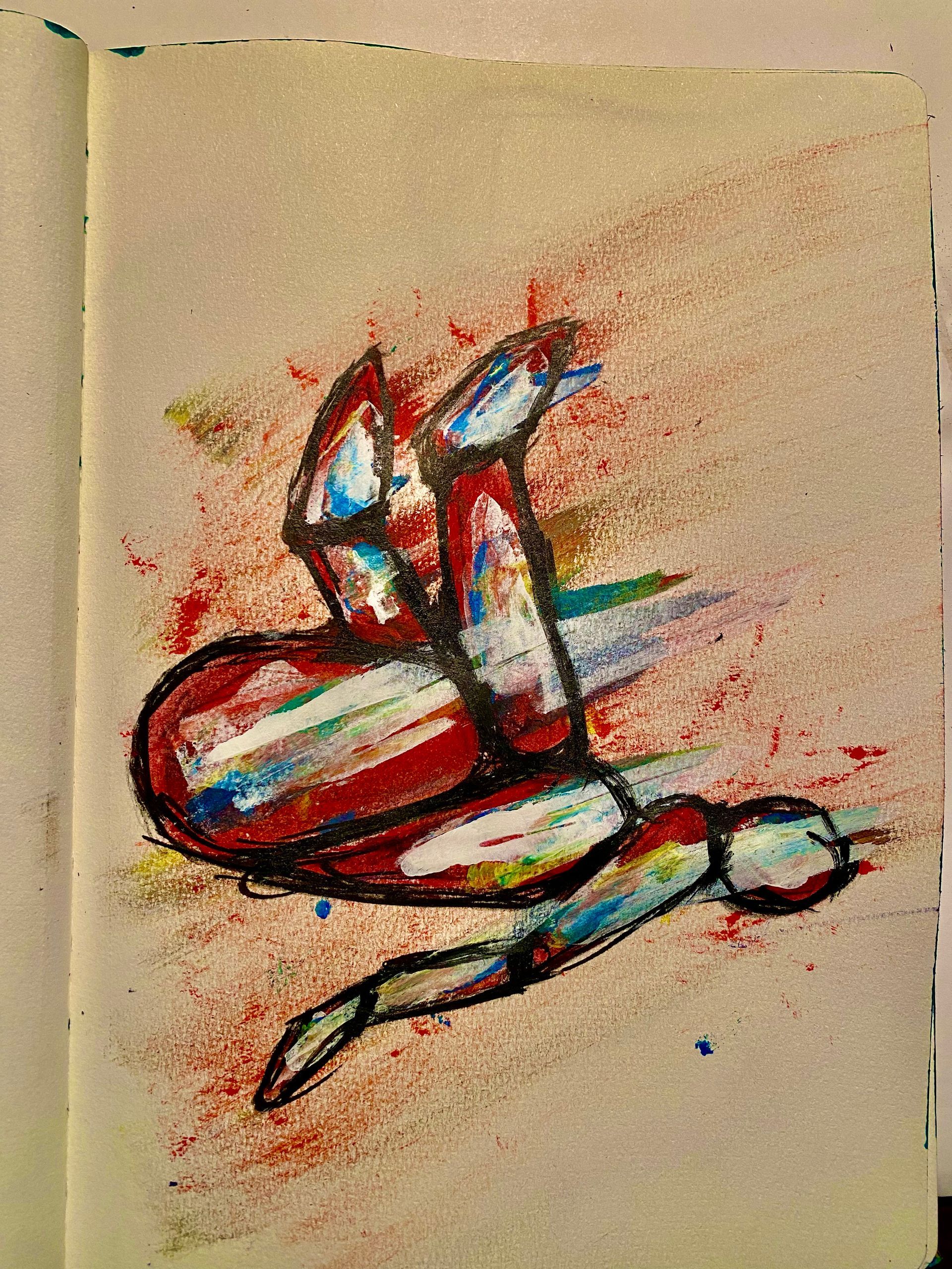 Abstracte, kleurrijke schets van een zittende figuur met rode, blauwe en zwarte accenten op beige papier.