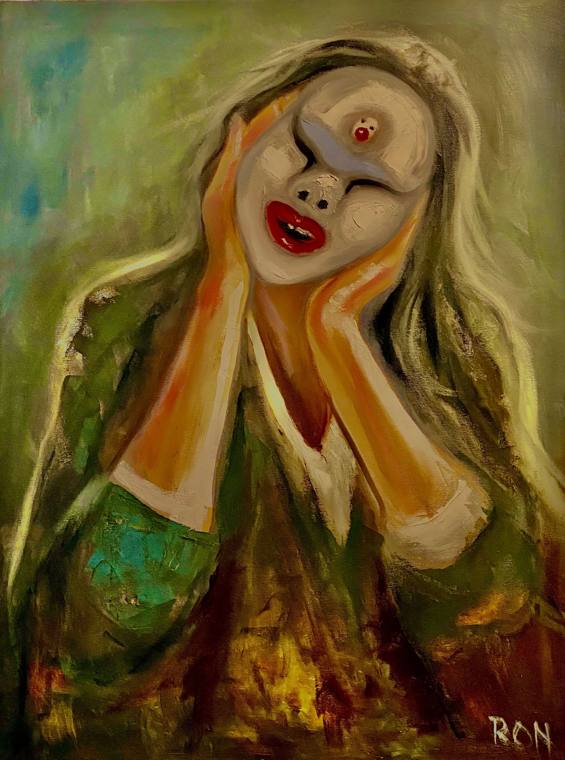 Abstract portret van een vrouw met haar handen voor haar gezicht, rode lippen en een groene jurk, in aardse tinten.