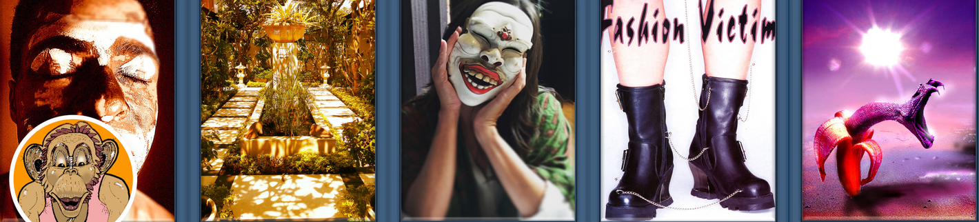 Vier kleine, gestileerde portretten met felle kleuren, waaronder een gezicht, een clown, laarzen en een roze figuur op een witte achtergrond.