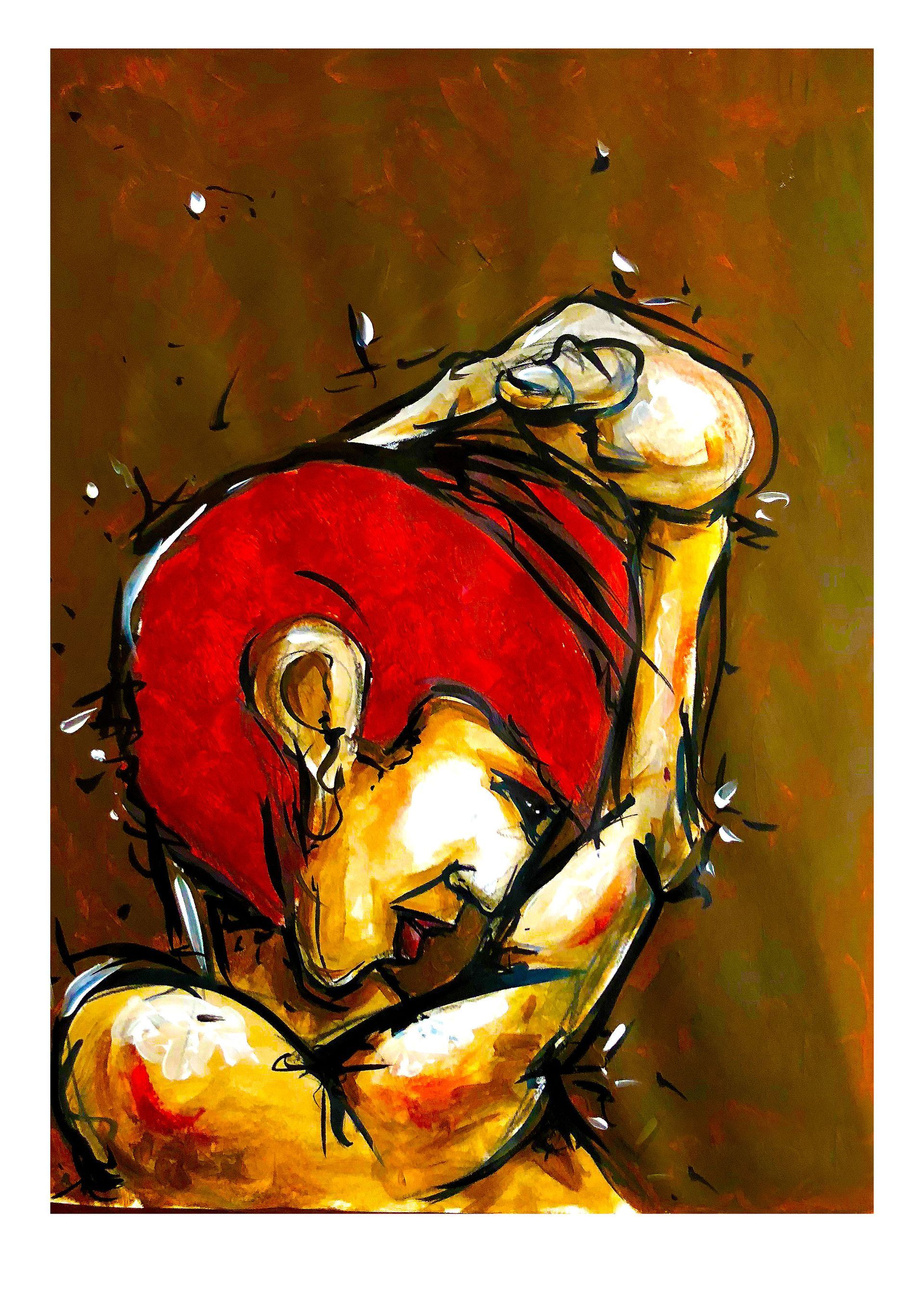 Abstract schilderij van een opgerolde figuur in wit en goud naast een grote rode vorm op een bruine achtergrond.
