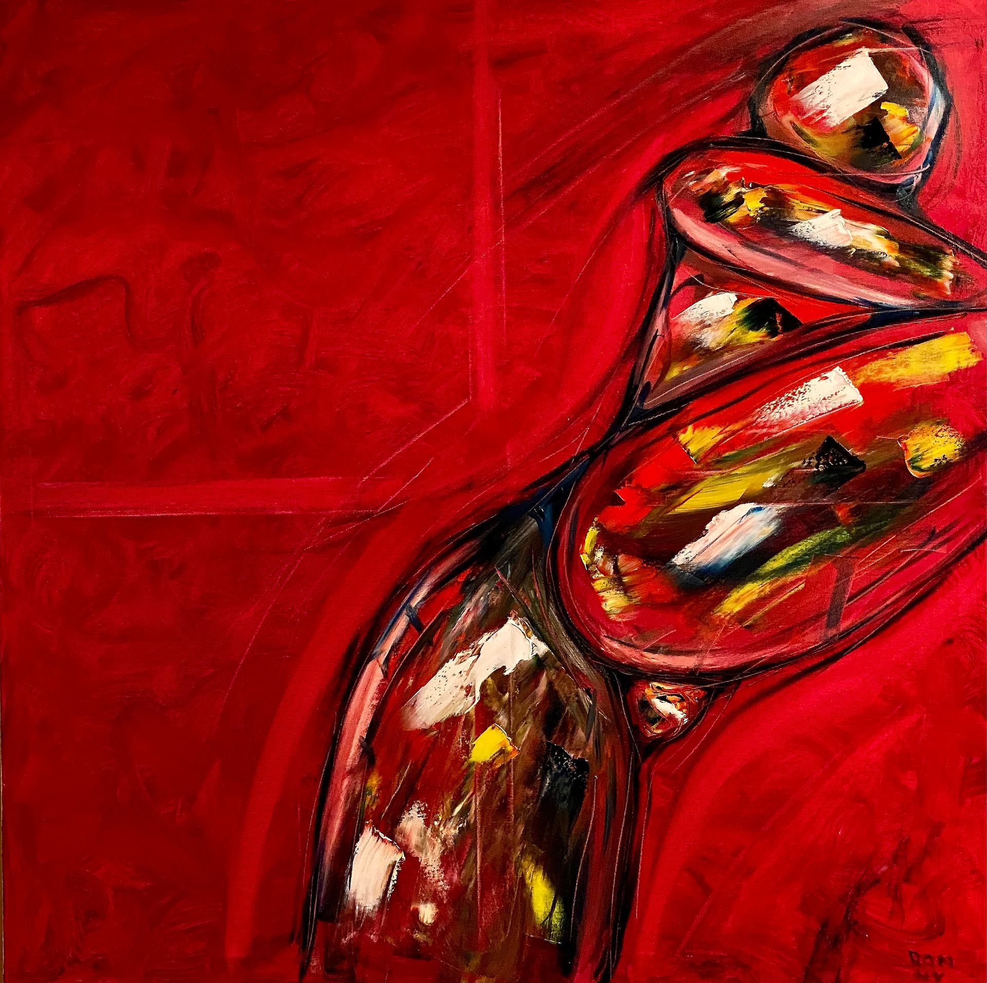 Abstract rood schilderij met wervelende zwart-witte vormen, geaccentueerd door gele en oranje accenten.