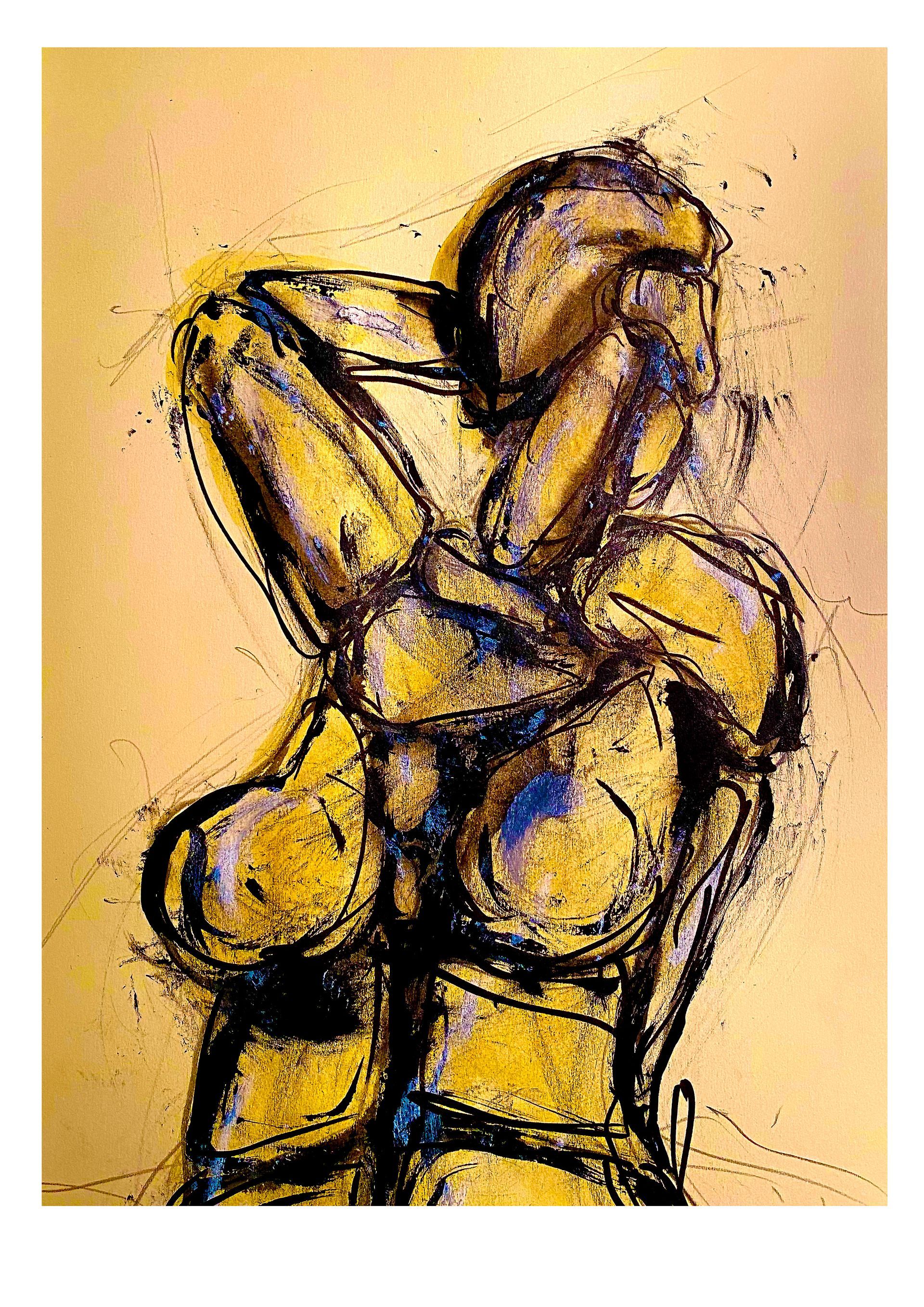 Abstracte geel-zwarte schildering van een hand die een rond voorwerp vasthoudt tegen een gestructureerde achtergrond.