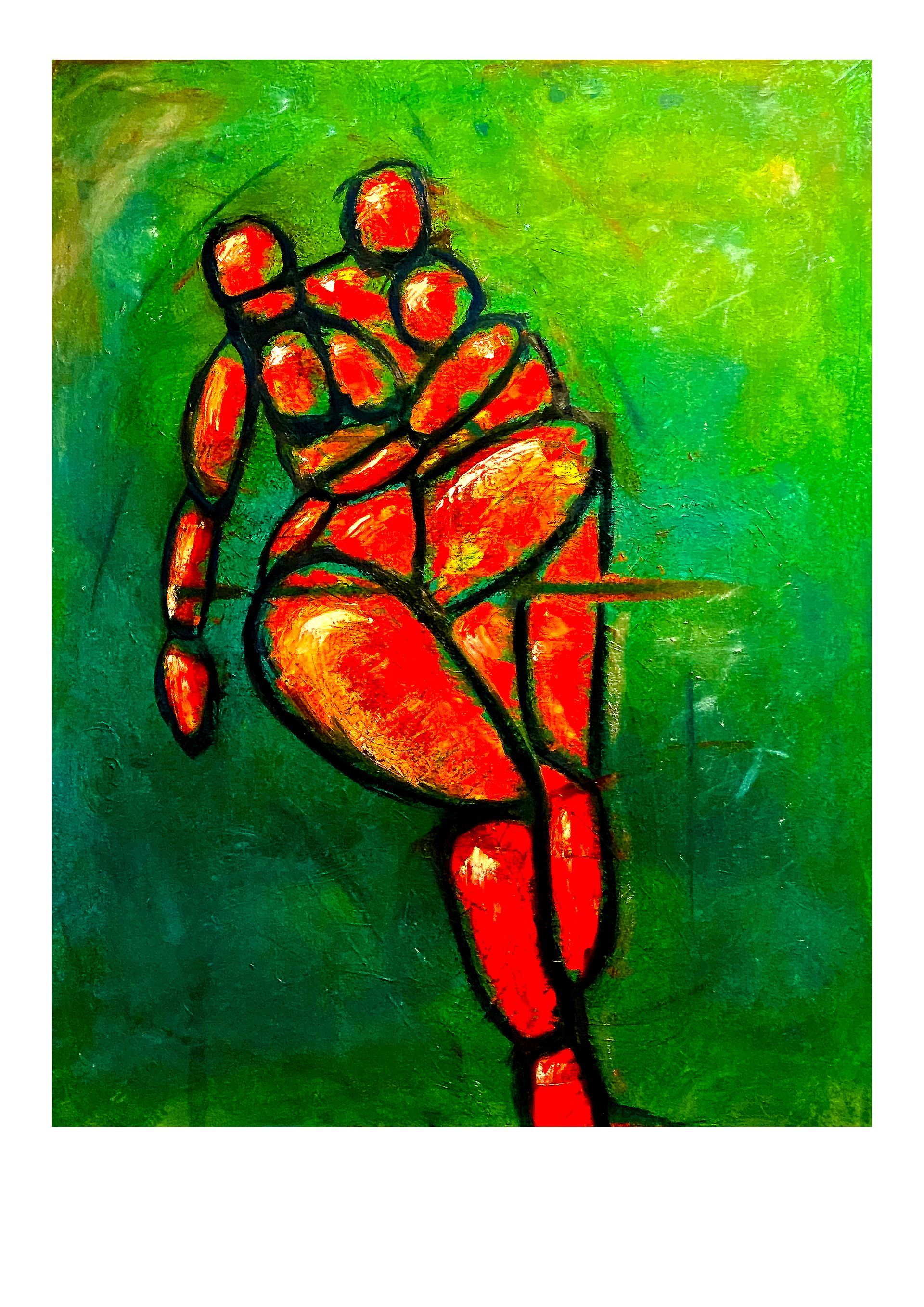 Abstracte rood-oranje mensfiguur op een groene achtergrond, omlijnd met zwart.