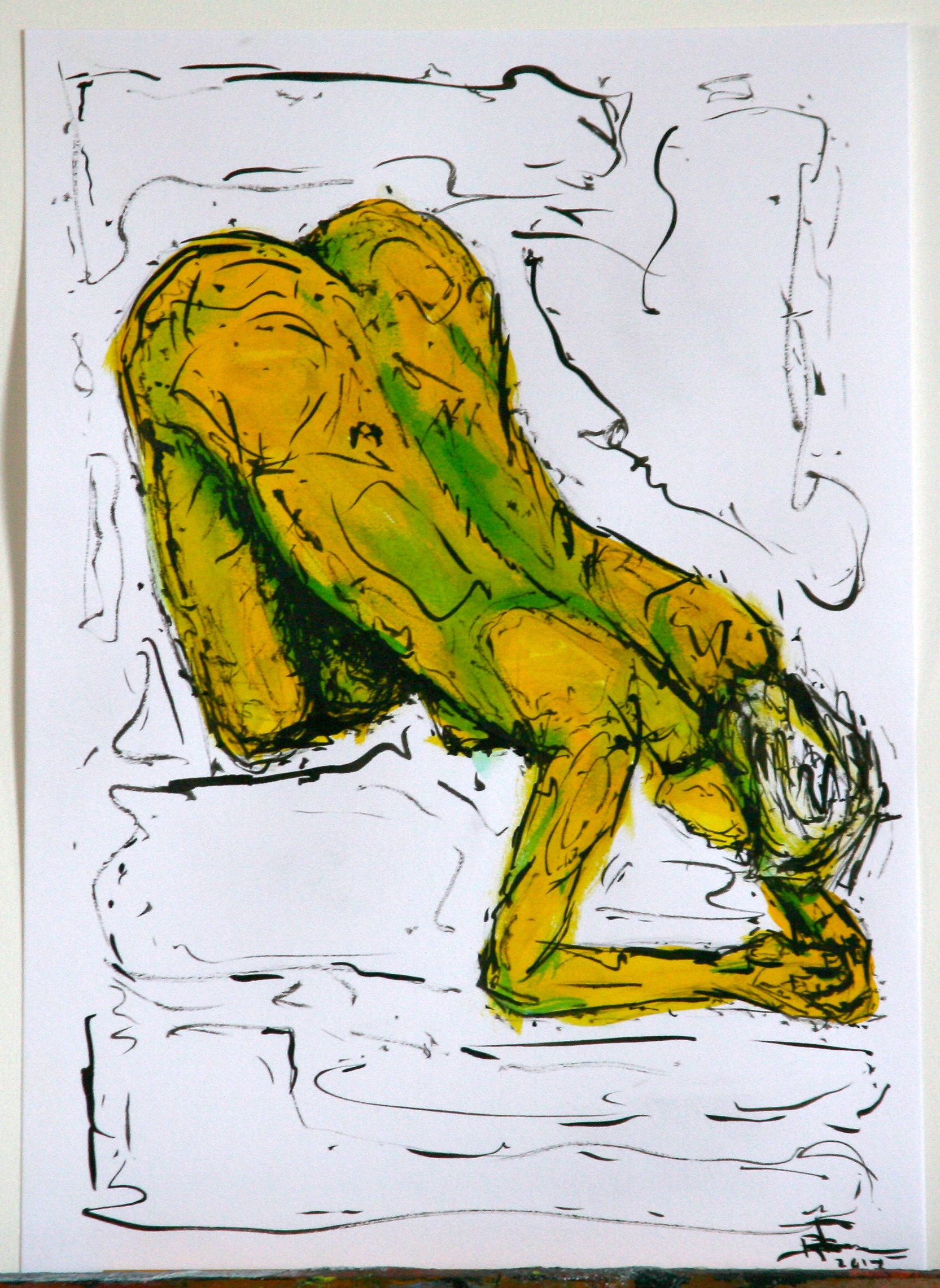 Abstracte schildering van een naaktfiguur in geel en groen, opgerold op een witte achtergrond.