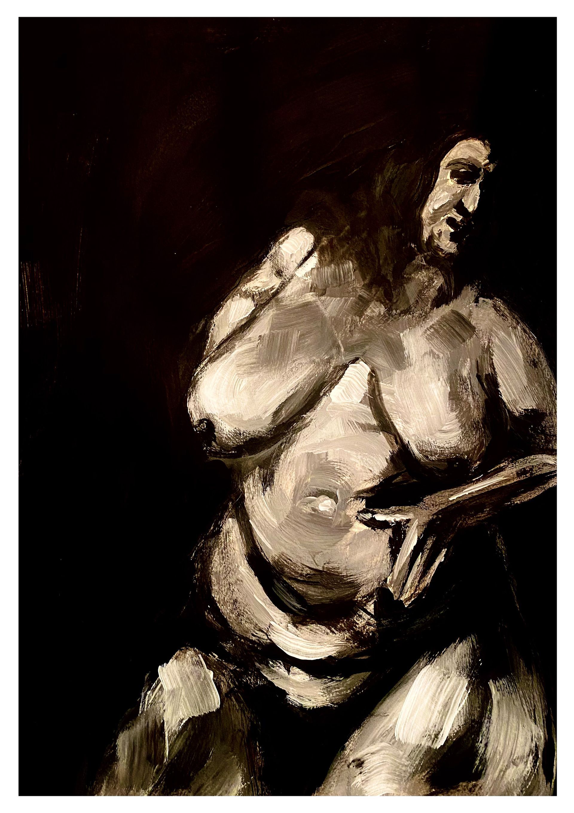 Abstract, donker schilderij van een zittende naaktfiguur in beige en zwarte tinten.