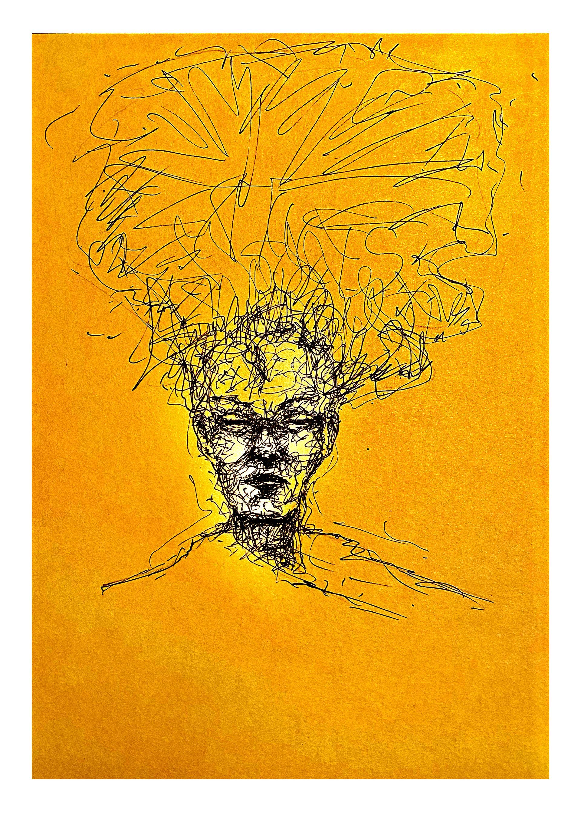Abstract geel portret met een donker gezicht en warrig, boomachtig haar.