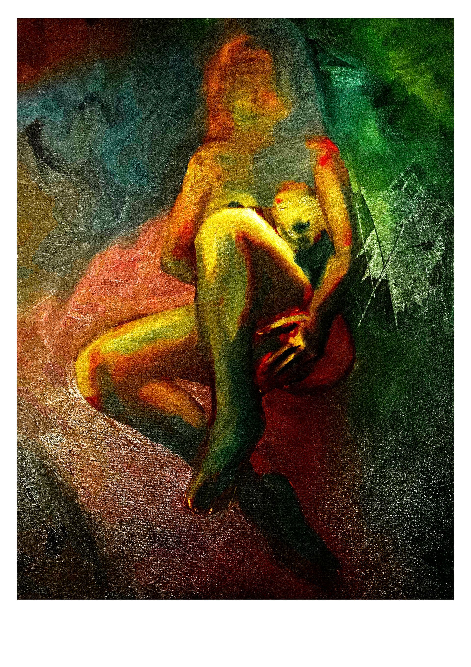Abstract, kleurrijk schilderij van een opgerolde menselijke figuur in warme oranje, groene en rode tinten.