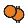 Twee overlappende oranje cirkels met een zwarte omlijning en kleine zwarte lipjes boven en onderaan