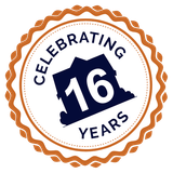 Celebrating 15 Years badge, featuring a blue shape of a building with