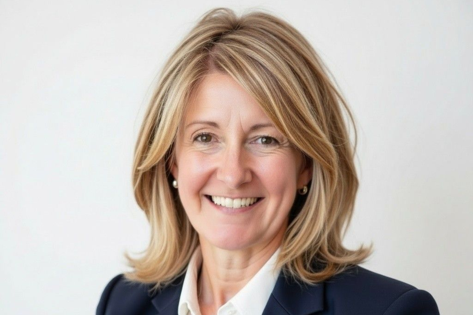 A woman with blonde hair is smiling for the camera.