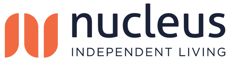 The logo for nucleus independent living is orange and black.