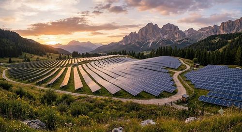 Al tramonto, alcuni operai installano pannelli solari su un tetto, con attrezzature accatastate nelle vicinanze.