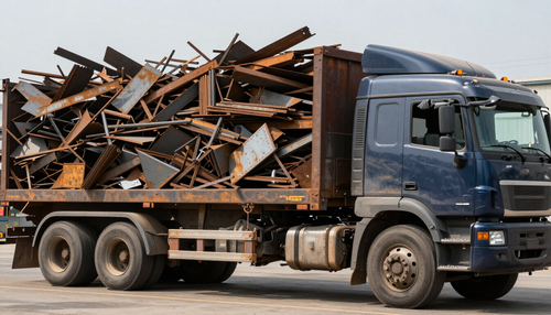 Camion ribaltabile blu carico di rottami metallici e detriti di legno su una strada sterrata