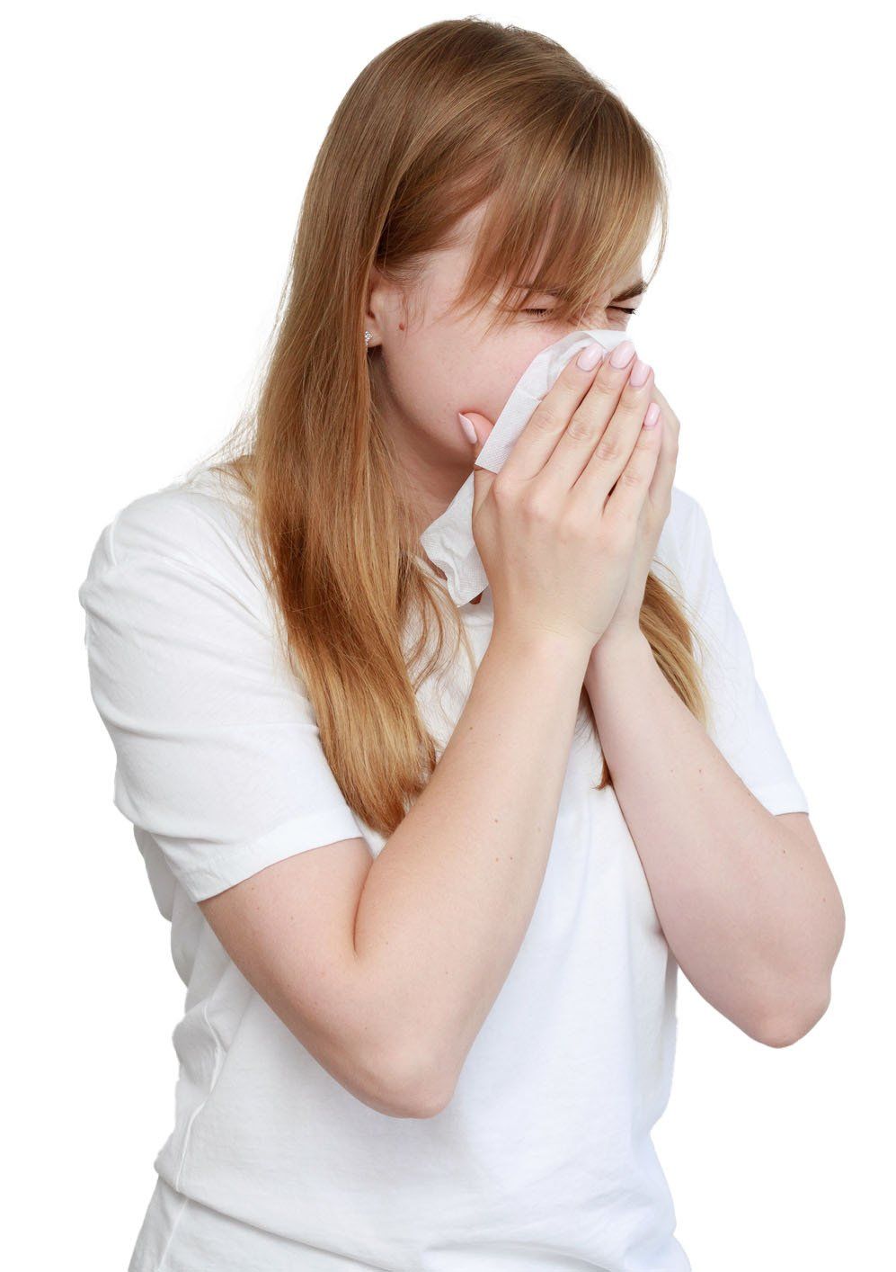 White Woman Sneezing — Lexington, KY — Allergy Asthma & Immunology: Dr. Iraklis Livas White Woman Sneezing — Lexington, KY — Allergy Asthma & Immunology: Dr. Iraklis Livas