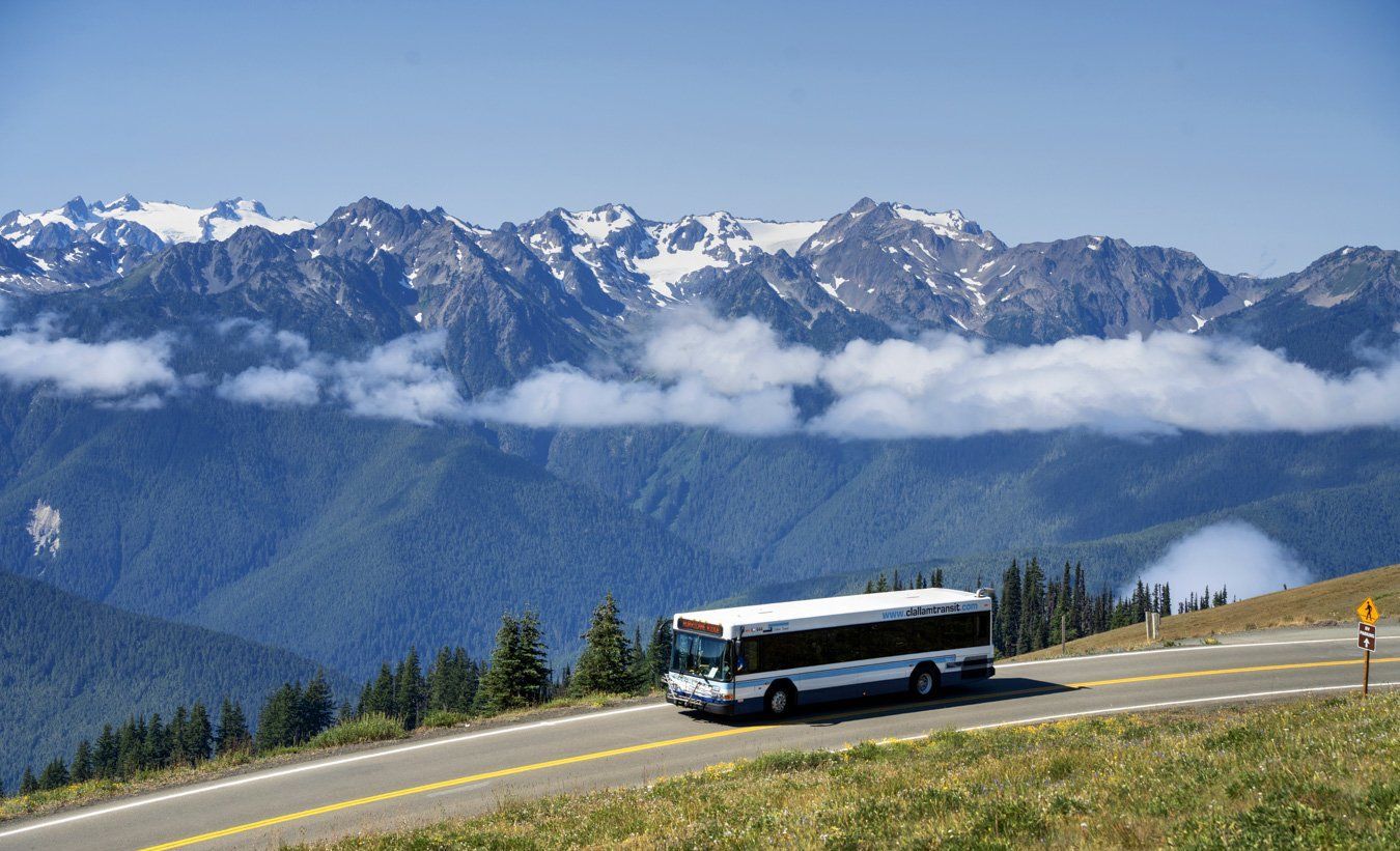 Bus driving down a road with the Olympic Mountains in the background.