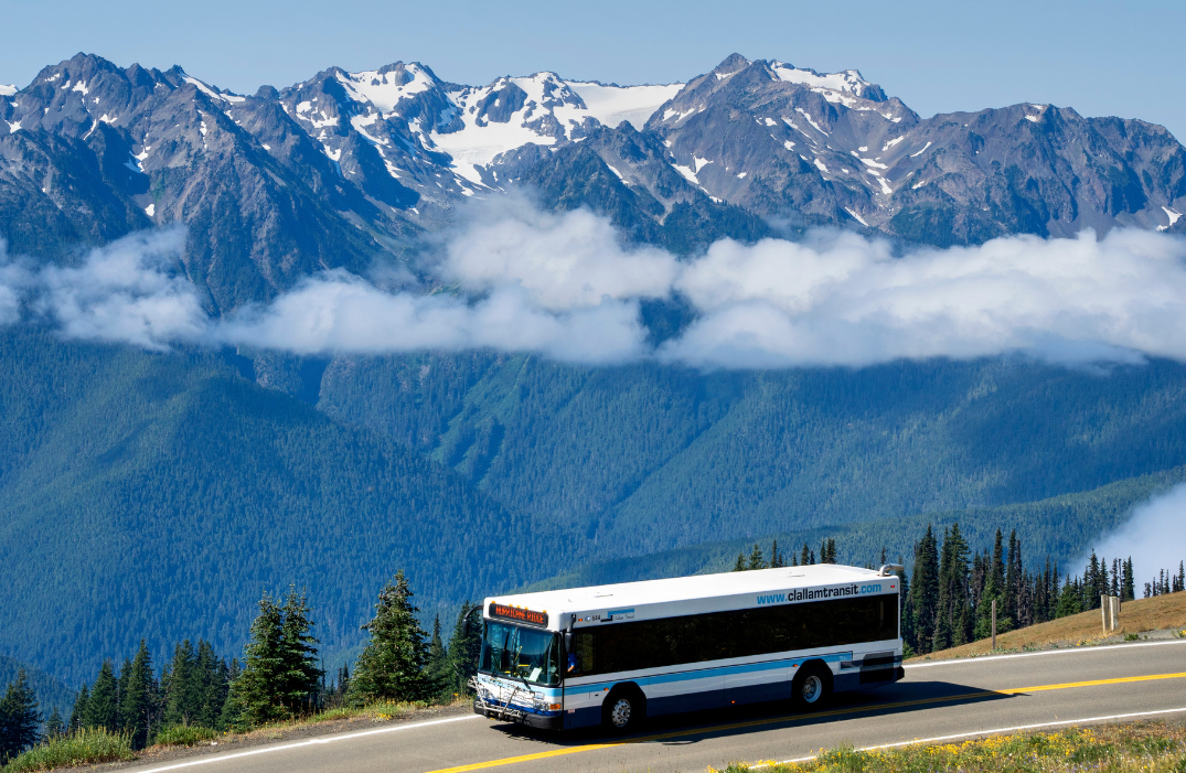 Bus driving down a road with the Olympic Mountains in the background.