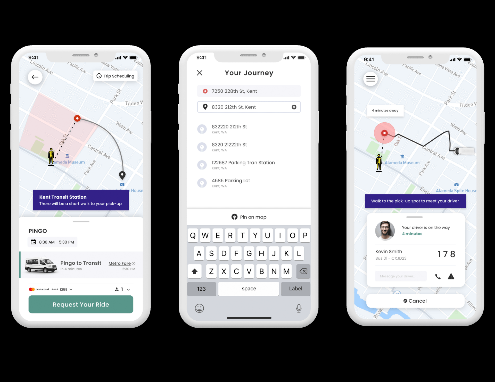 Example of the application screens when requesting a ride and tracking the real time location of the vehicle.