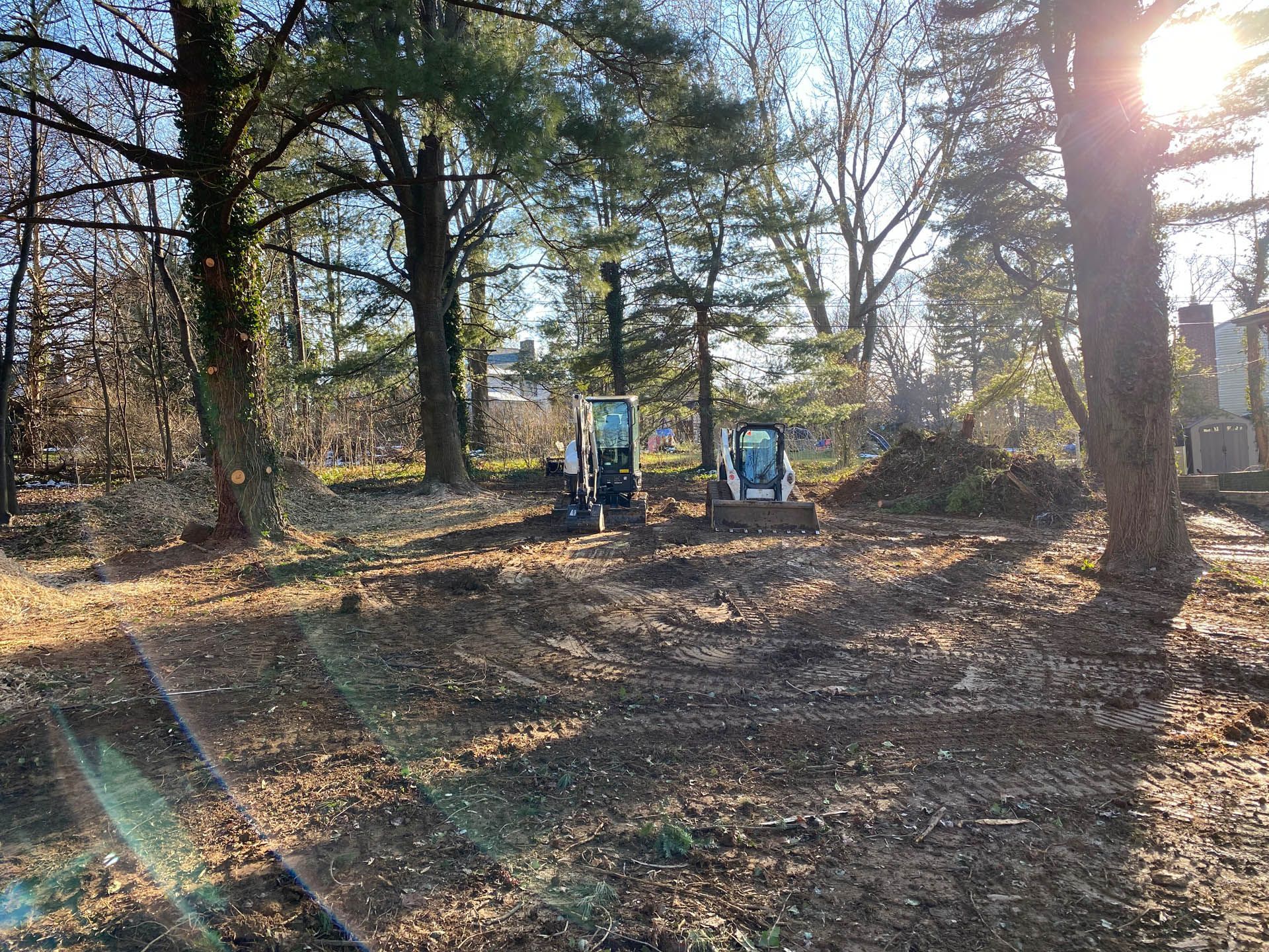 Two bobcat vehicles on a dirt clearing in a wooded area with trees.