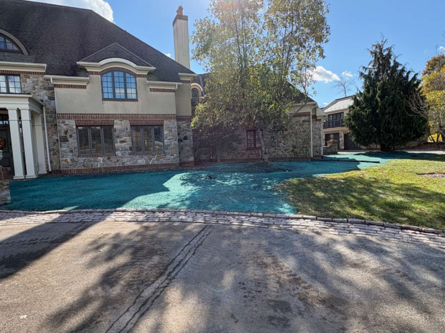 Large house with new green grass, driveway, and trees on a sunny day.