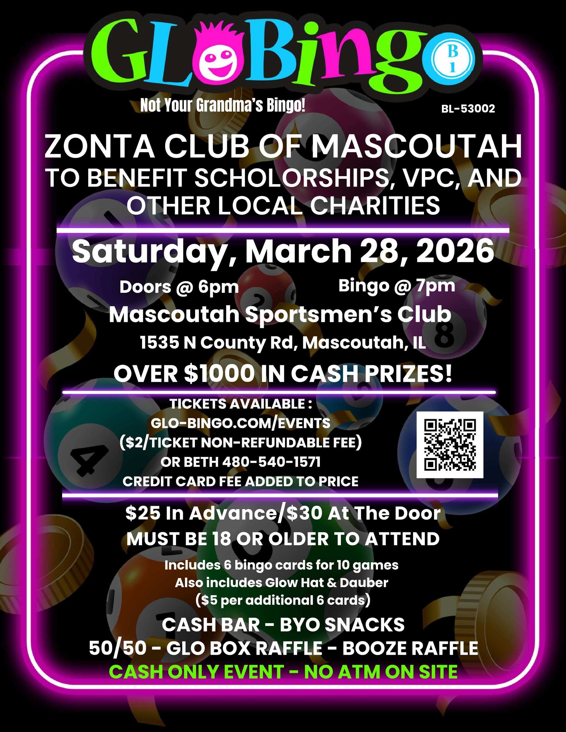 Poster for a bingo event at Mascoutah Sportsmen's Club. Proceeds benefit local charities. Saturday, March 28, 2026.