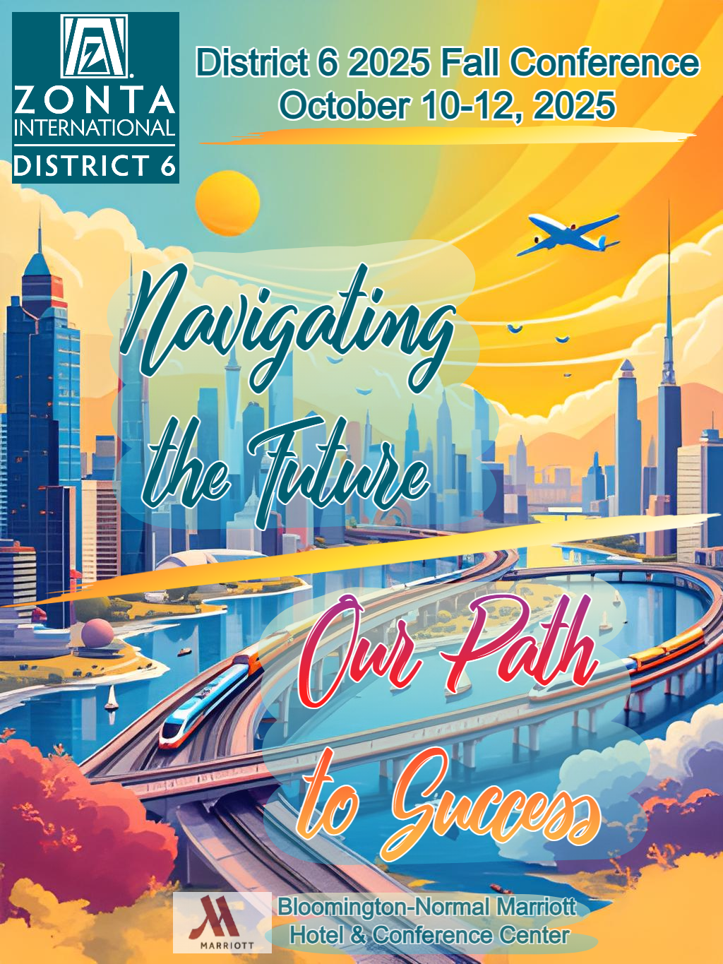 Poster for Zonta International District 6 Fall Conference in Bloomington-Normal, IL, 2025. Skyline with train & bridge.