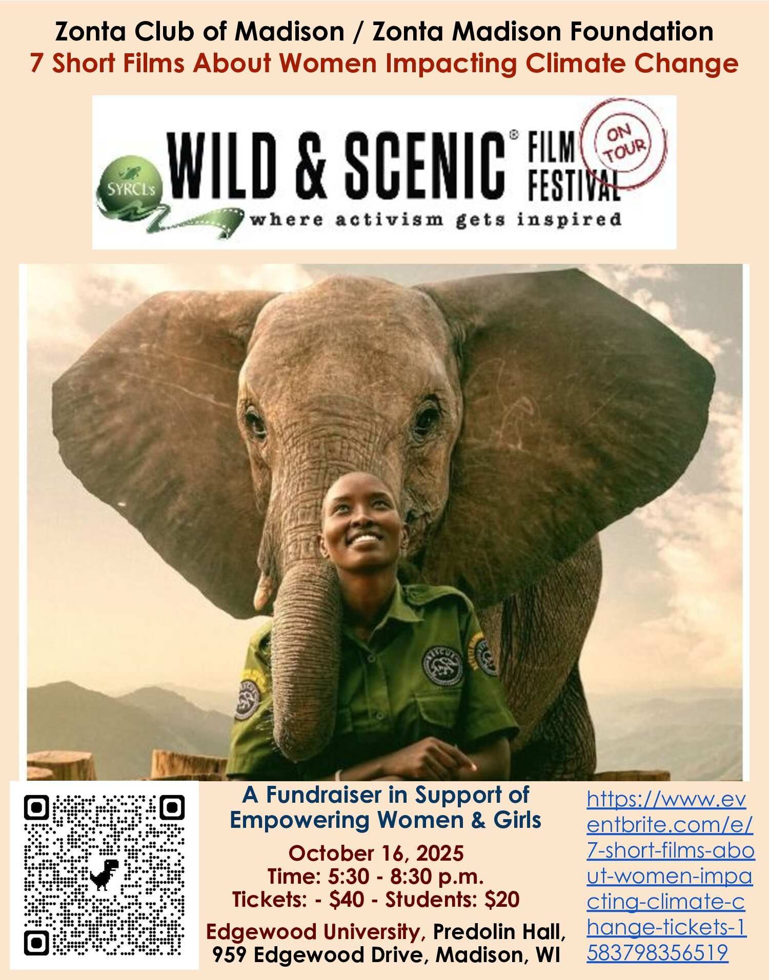Poster: Zonta Club film event featuring an African woman and elephant, promoting women's climate change impact.