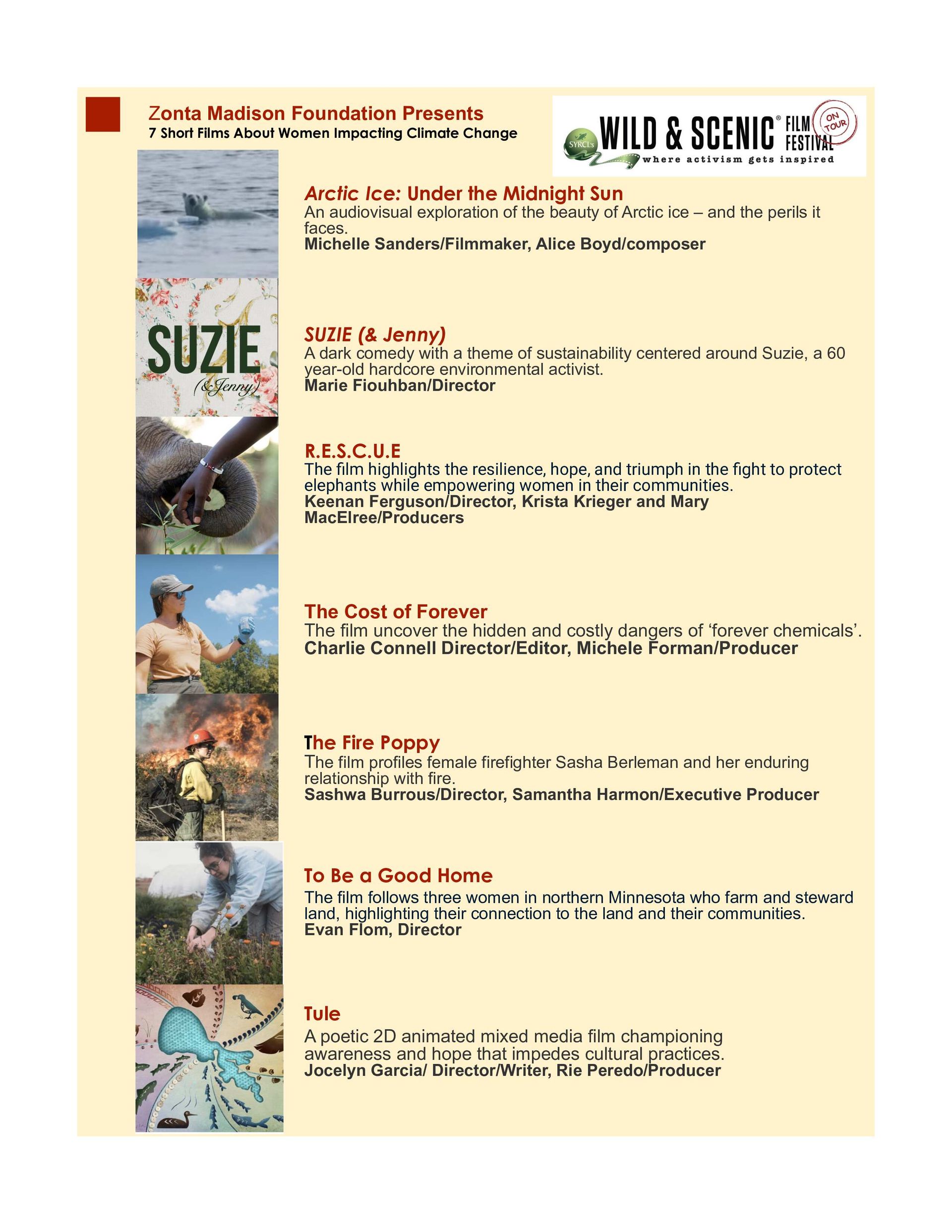 Wild & Scenic Film Festival flyer featuring film stills and descriptions.