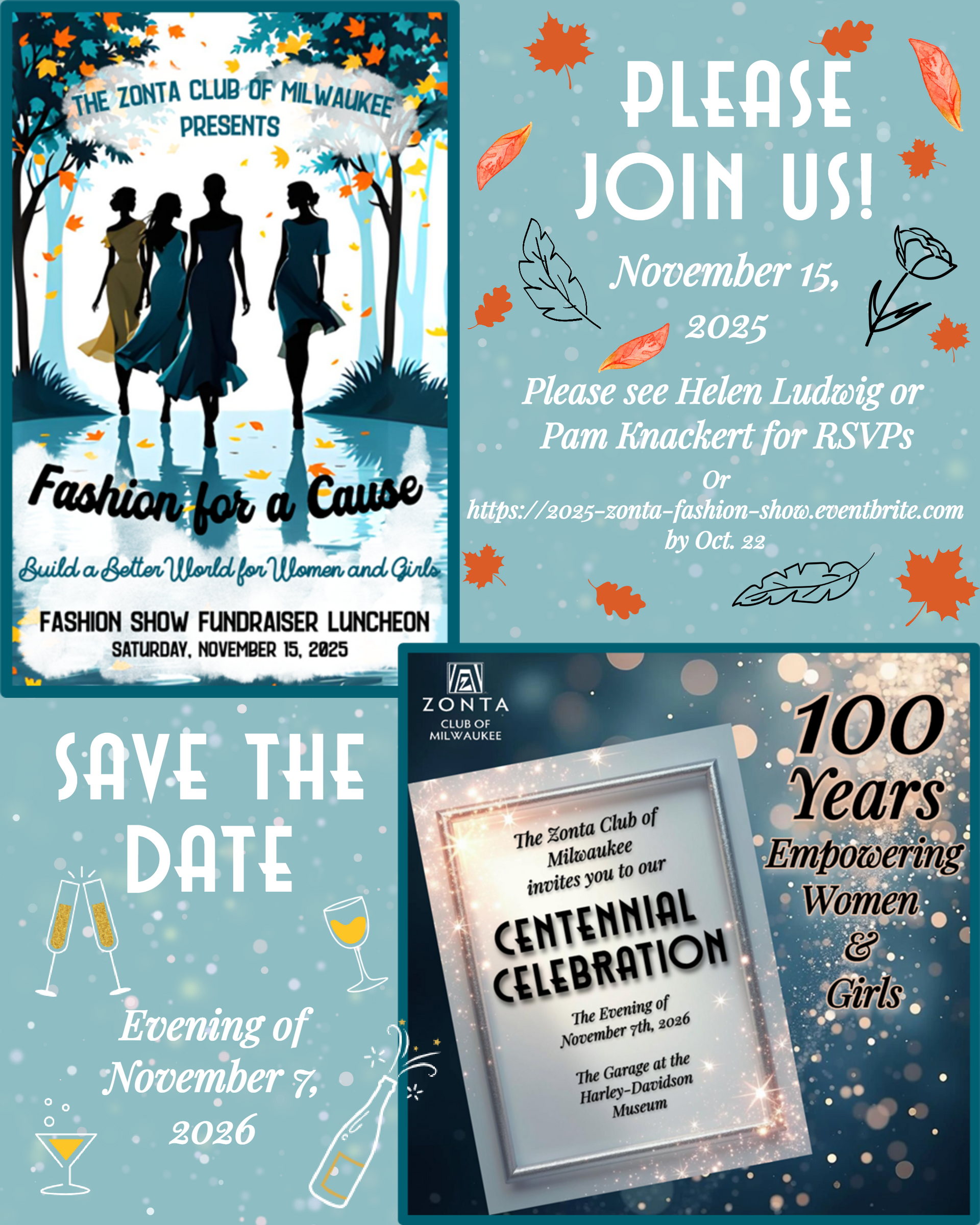 Four event posters: fashion show, luncheon, RSVP, and centennial celebration.