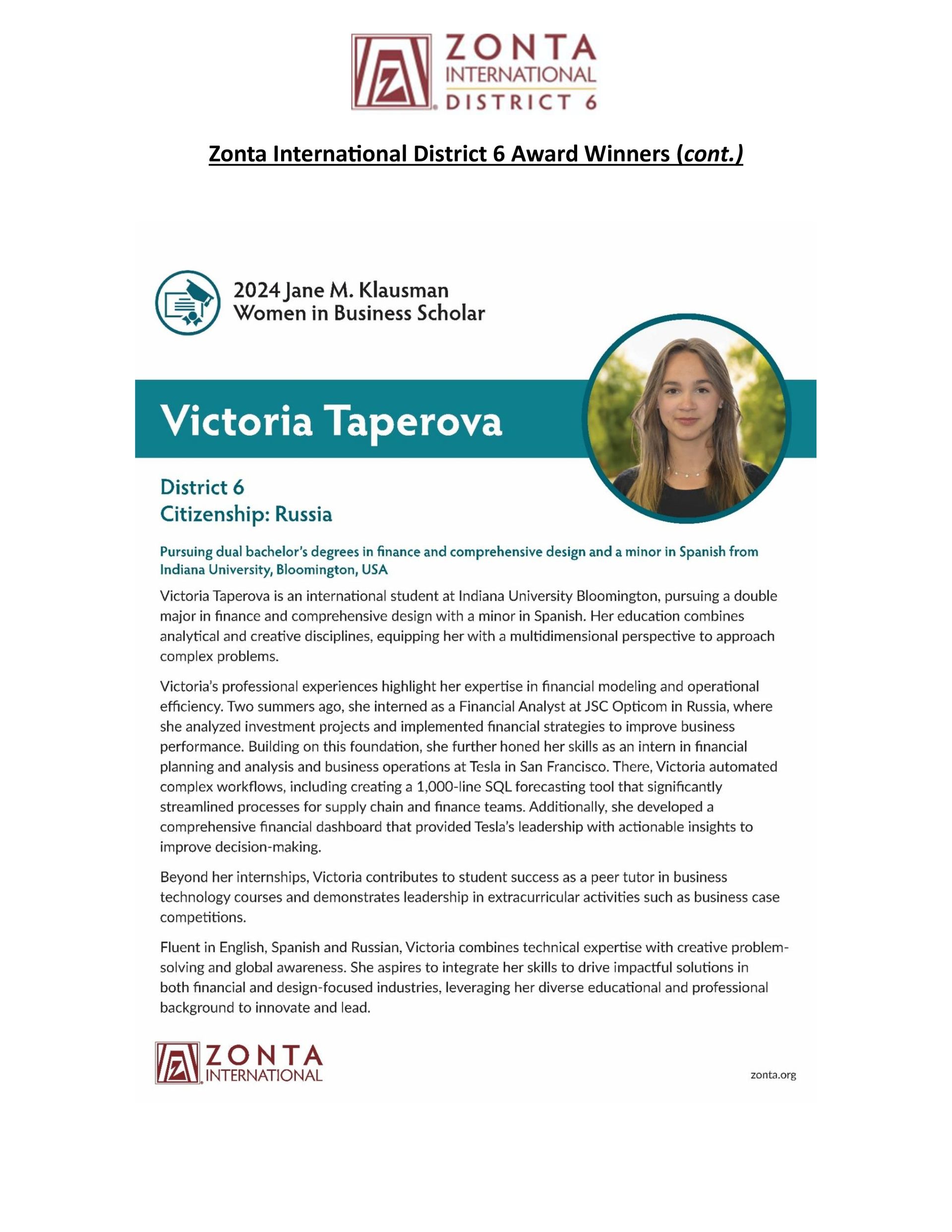 Flyer: Zonta International District 4, featuring Victoria Taperova with headshot, and text about her scholarship.