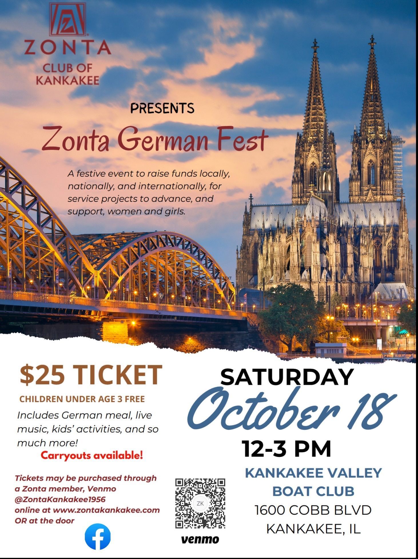 Poster for Zonta German Fest at Kankakee Valley Boat Club on October 18. Features Cologne Cathedral, ticket price $25.