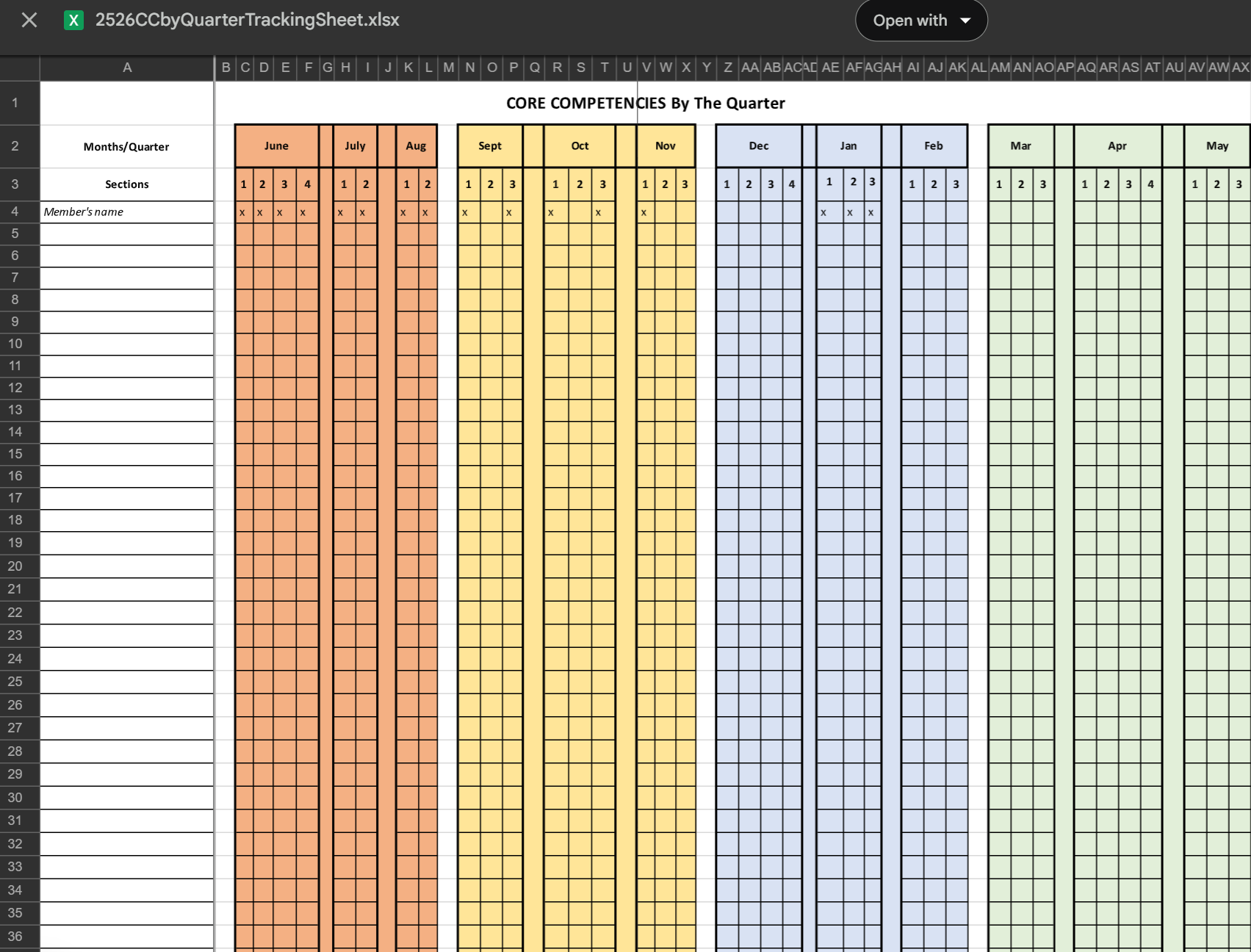 Spreadsheet with columns in various colors, likely for recording information.
