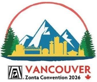 Logo for Vancouver Zonta Convention 2026: Mountains, city skyline, red arc, evergreen trees, and maple leaf.