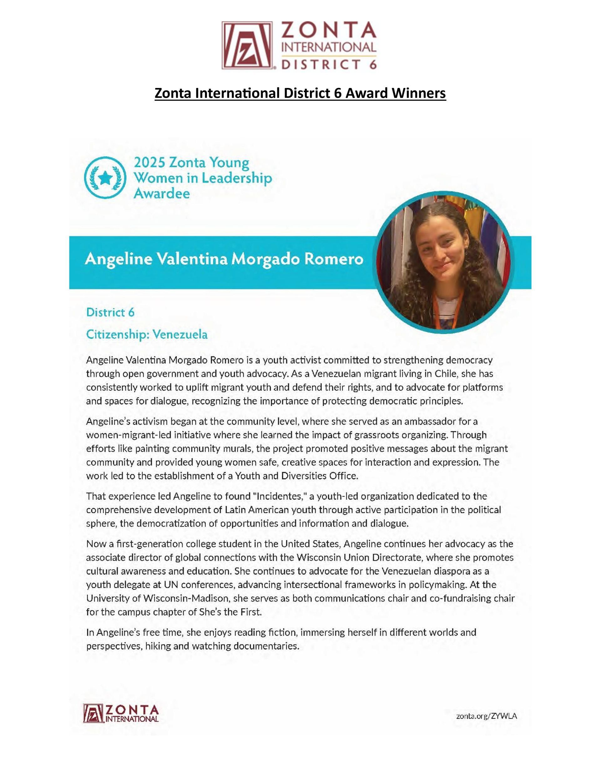 Flyer for Zonta International with a photo of Angelina Y. Rosado Romero and text.