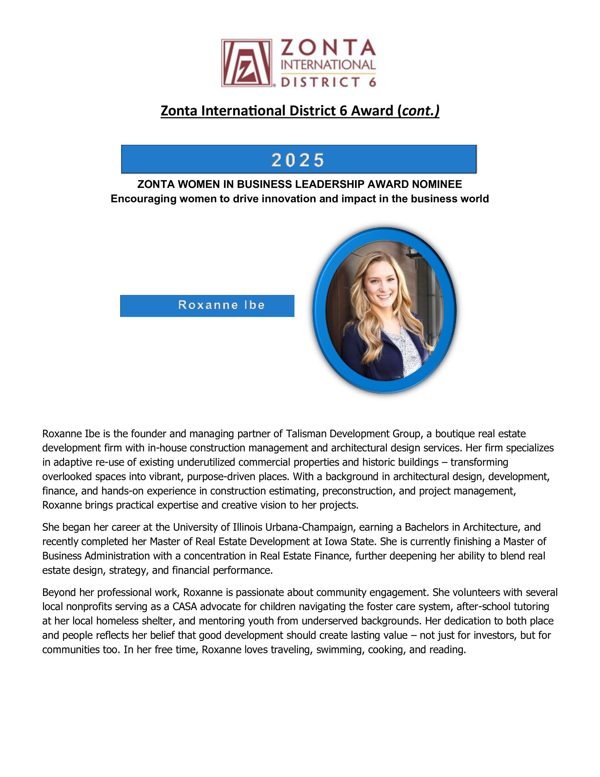 Zonta International District 6 document: 2025 seminar, photo of a woman in a blue blouse.