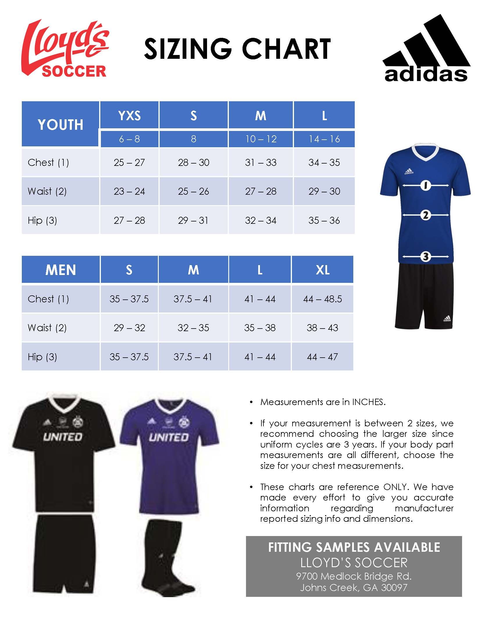 United Futbol Academy Espanol Norcross Recreational Adidas sizing chart