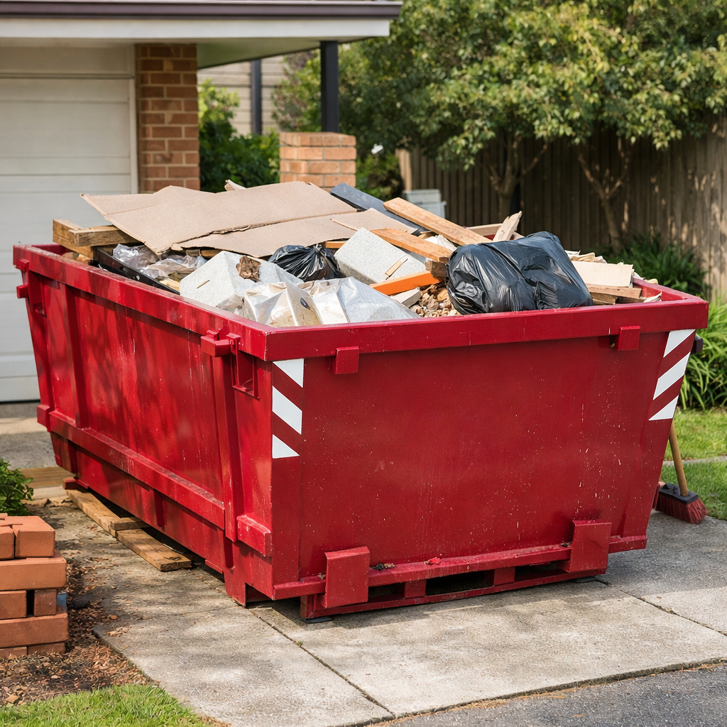 Skip bin on residential driveway in QLD Australia showing correct waste disposal
