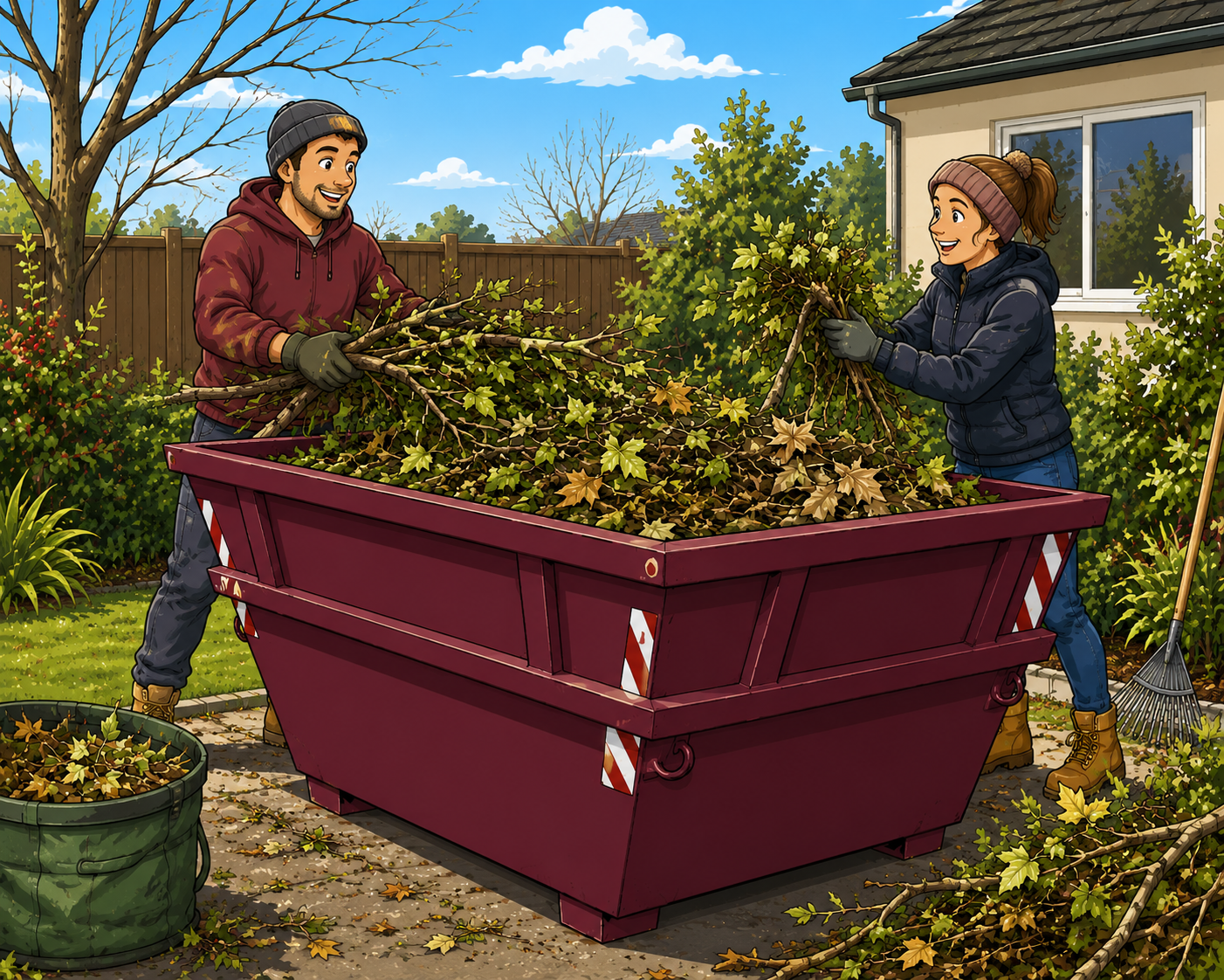 couple loading branches and garden waste into a maroon skip bin during a winter backyard clean-up.