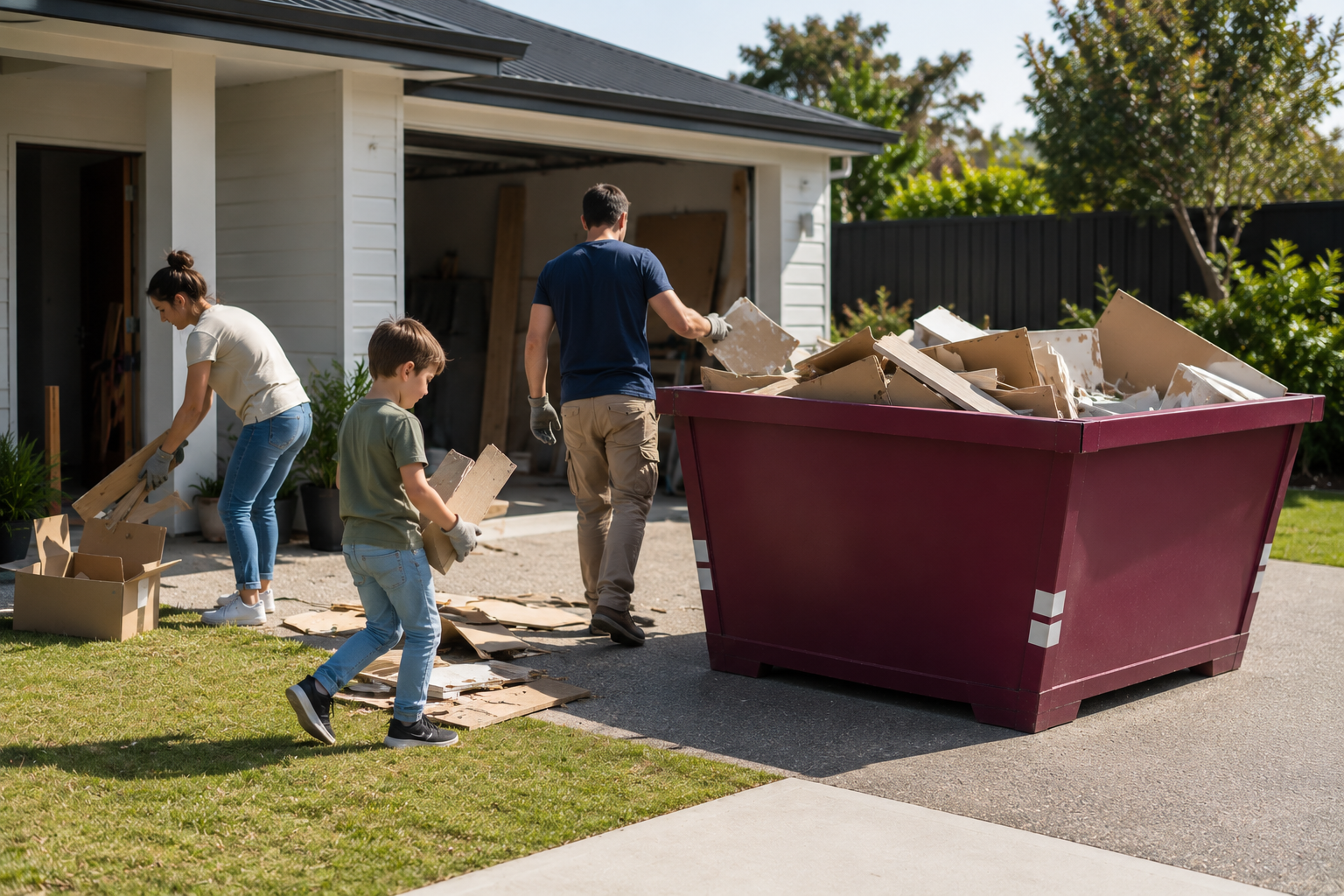 Maroon skip bin filled with renovation waste outside a home during a renovation clean-up.