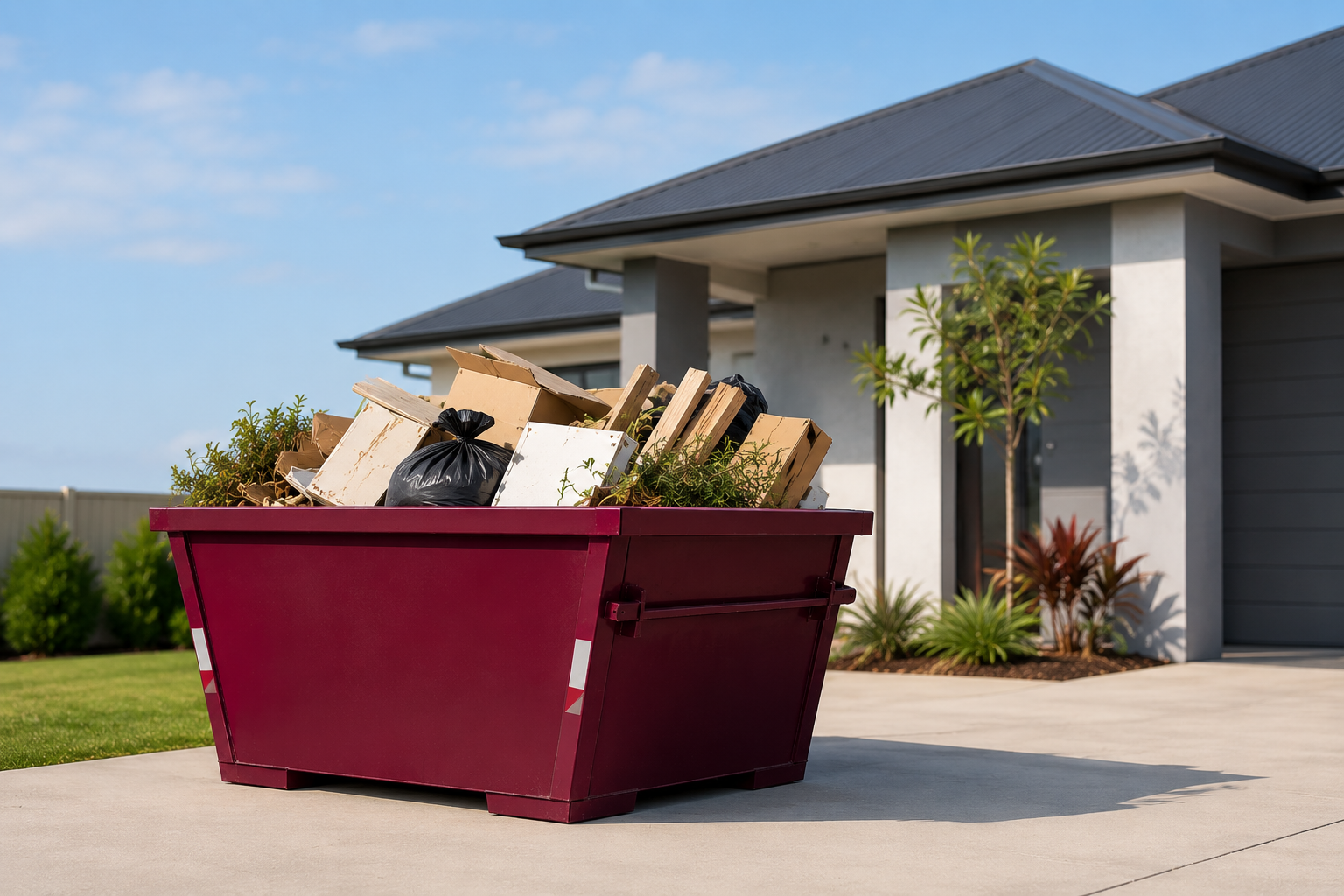 Maroon skip bin filled with renovation and household waste on the driveway of a modern home in Caboo