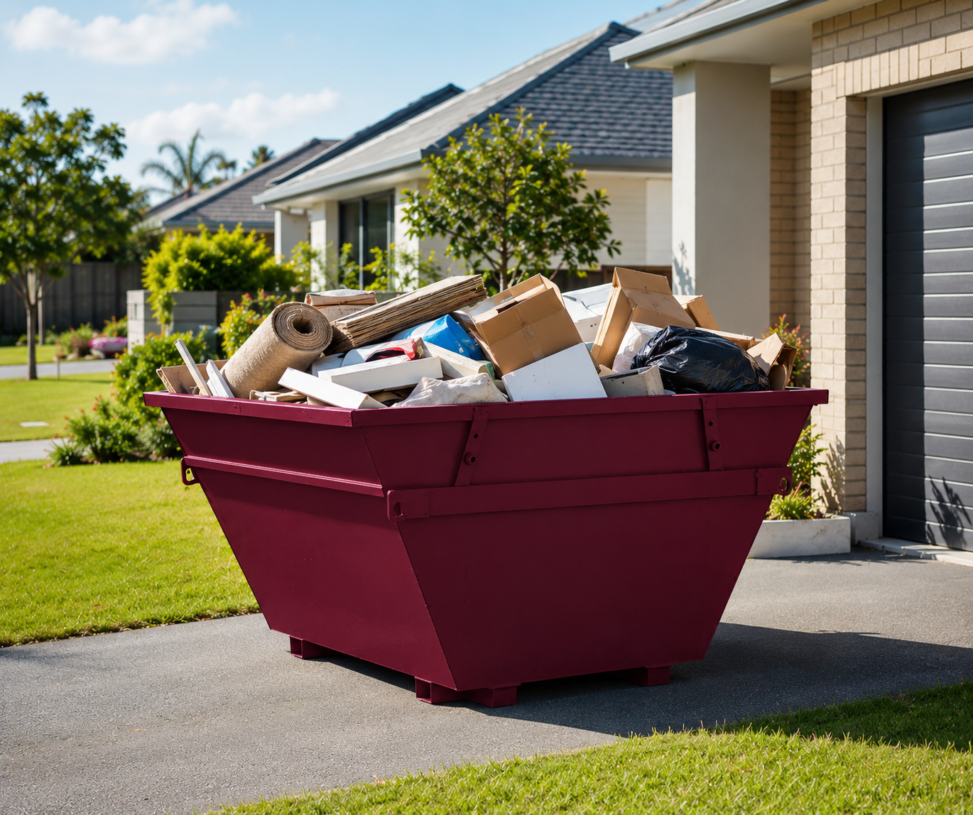 Residential clean-up with maroon skip bin and household waste ready for collection.