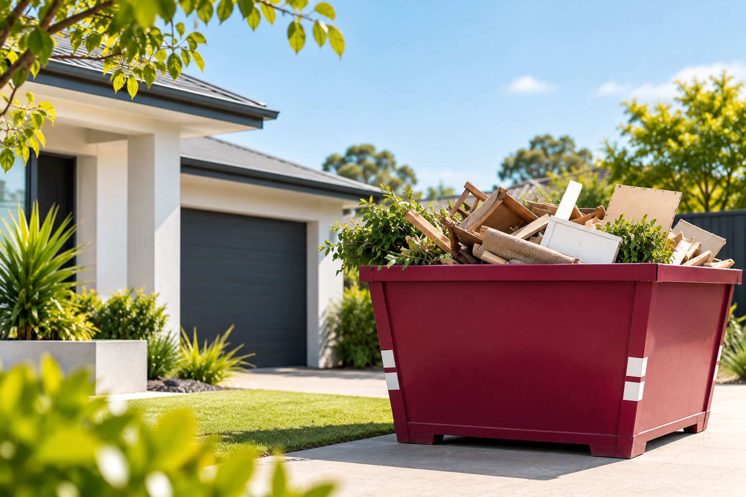 Maroon skip bin filled with household, renovation and garden waste outside a suburban home