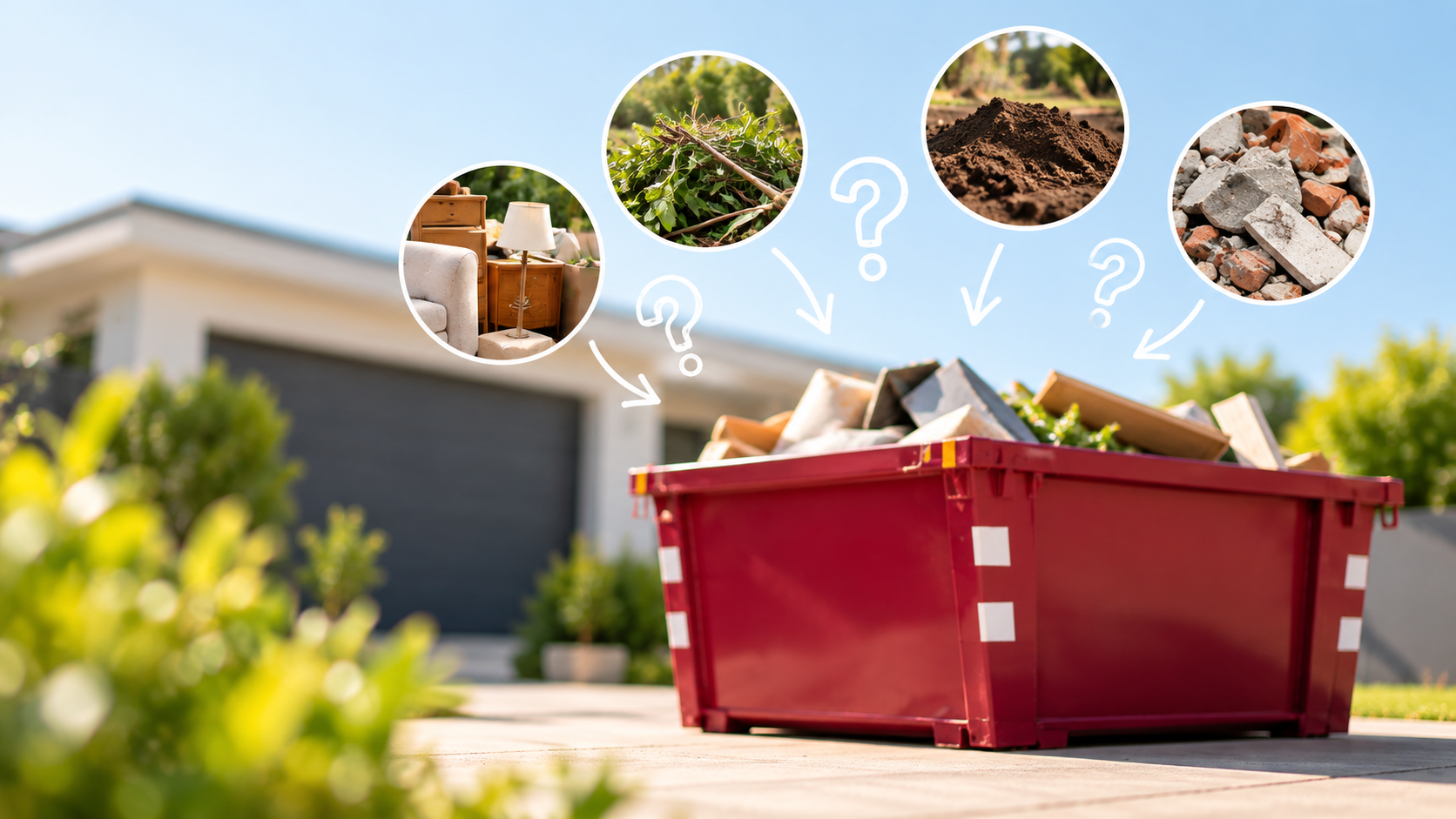 Maroon skip bin outside a home with visual examples of household rubbish, green waste, soil and more