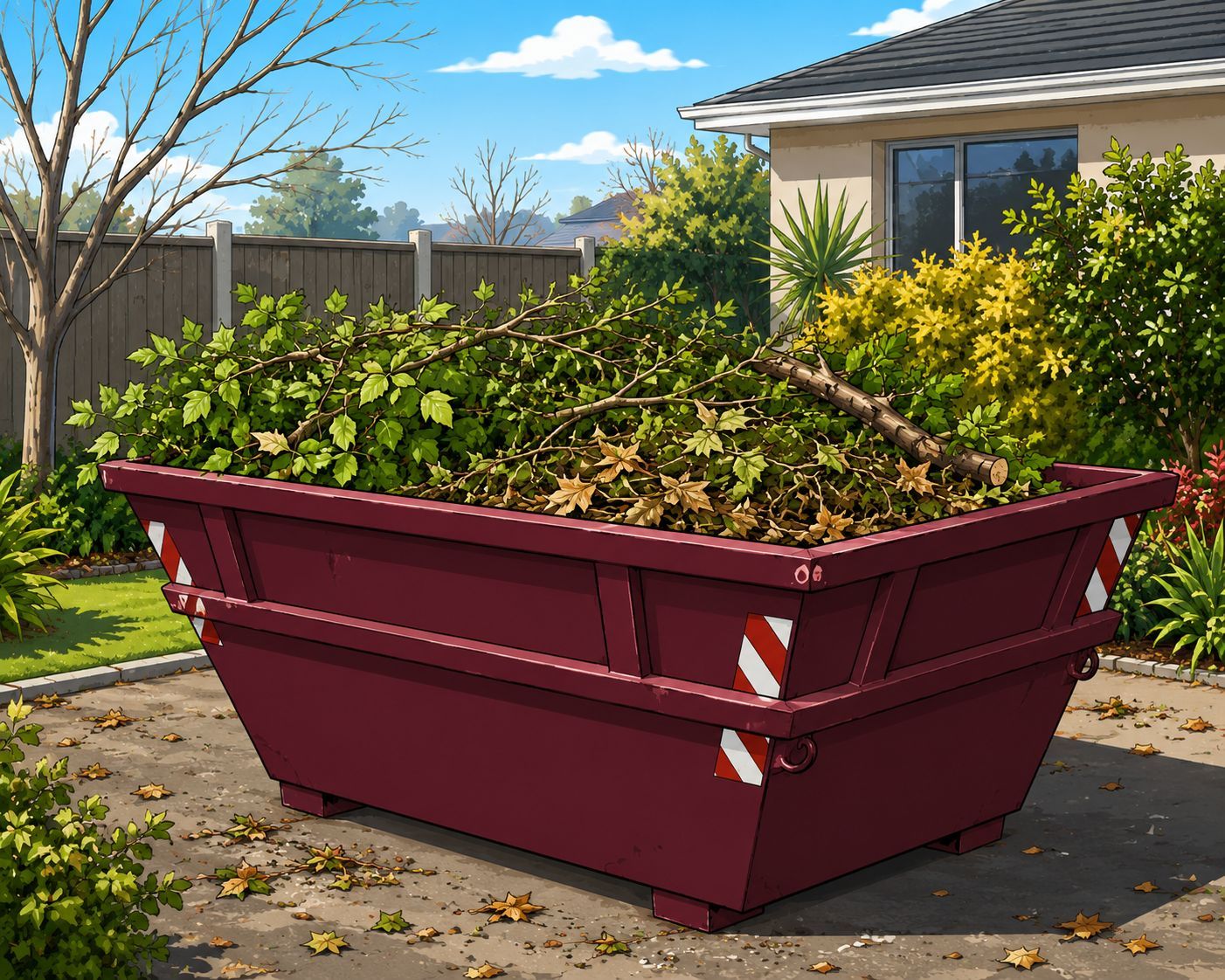 Maroon green waste skip bin filled with branches, leaves, and hedge trimmings during a winter garden