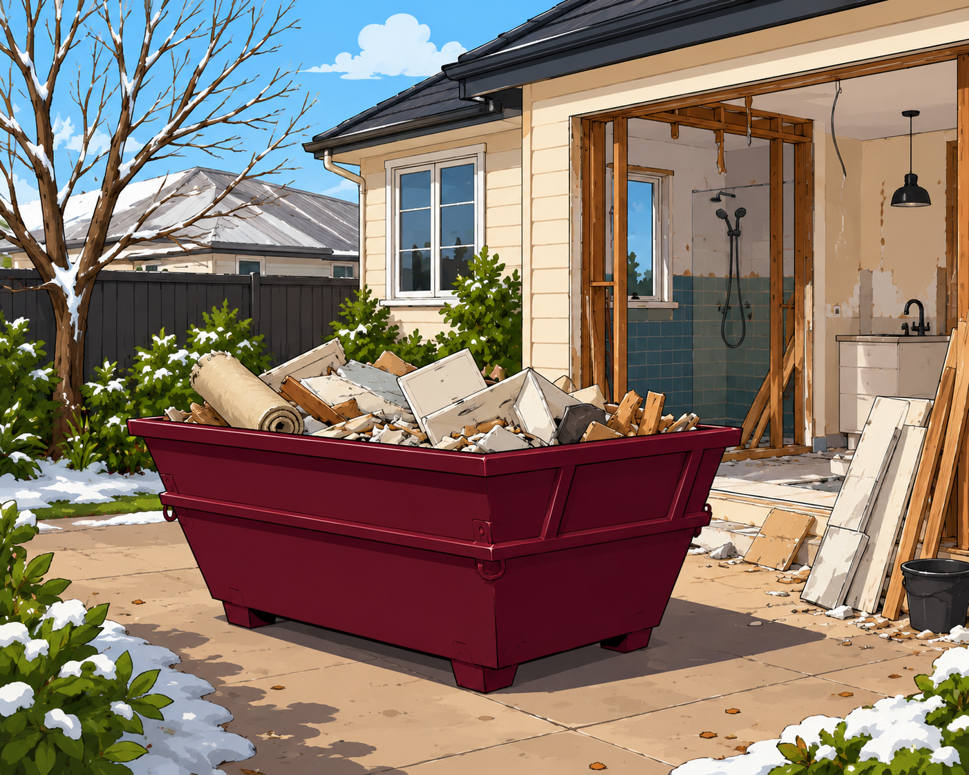 2d cartoonish style image, no text Maroon skip bin outside a Sunshine Coast home renovation project
