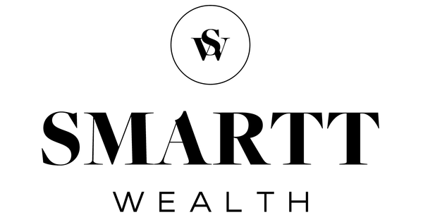 SMARTT Wealth logo with black serif text and a circular monogram above on a white background