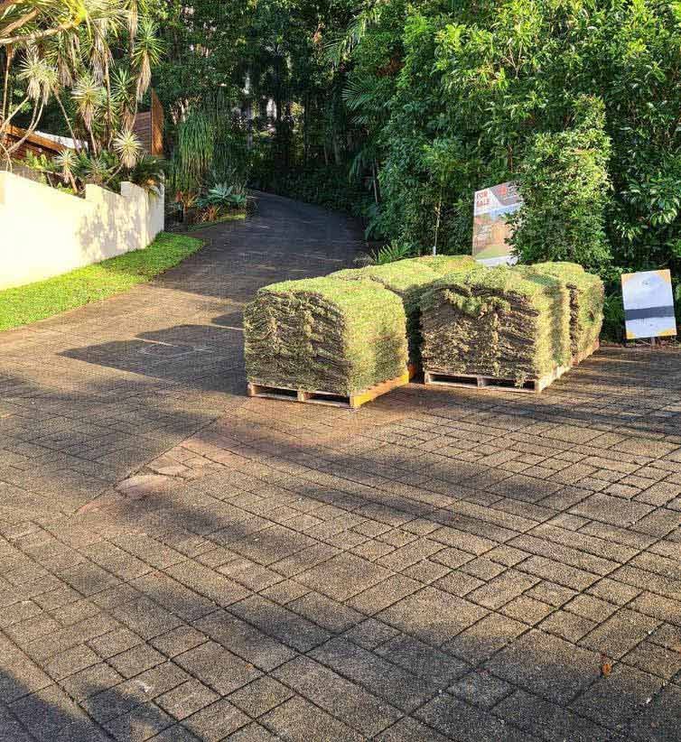 A Bunch Of Turfs Are Sitting On A Brick Driveway — Barron River Lawns In Biboohra, QLD