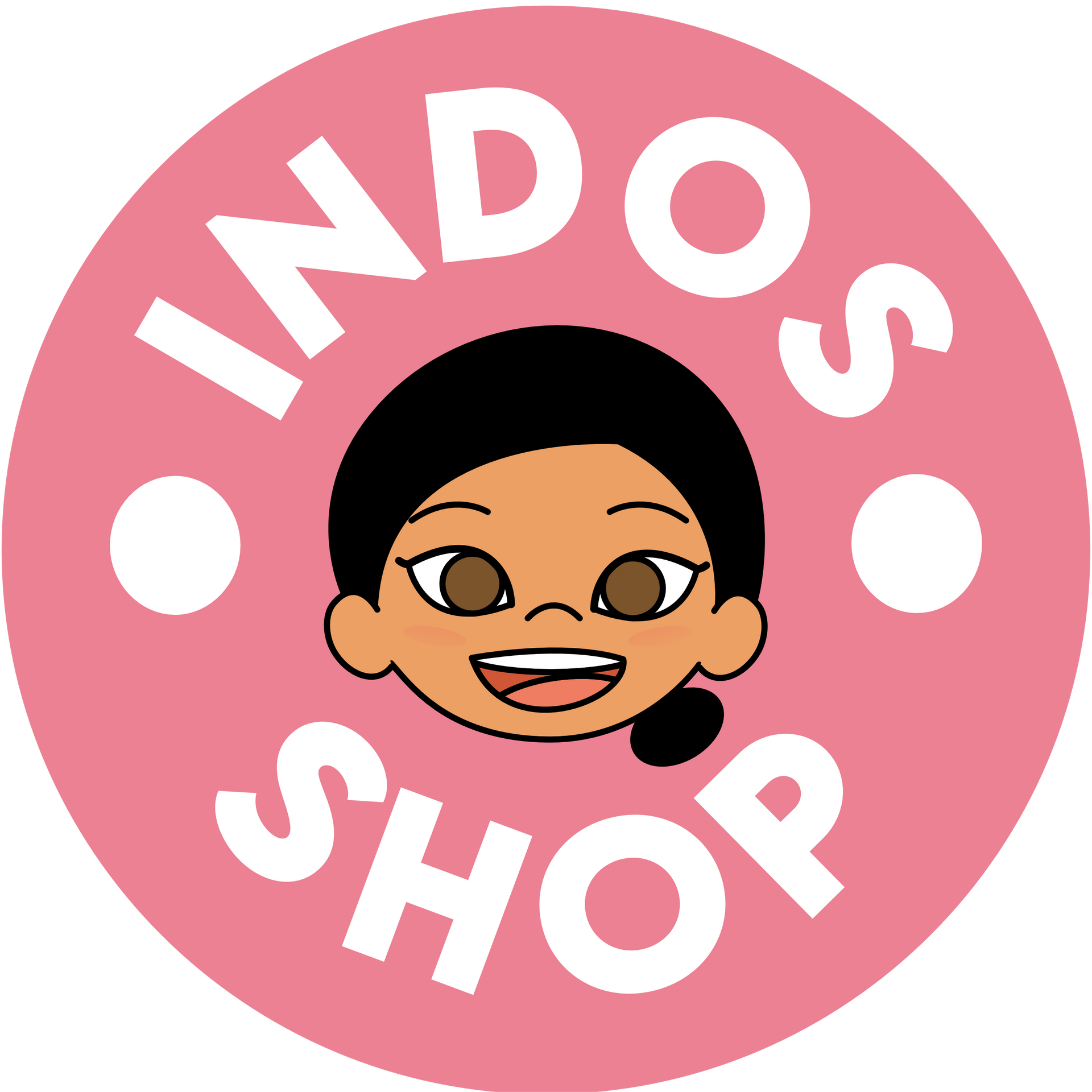 Roze cirkellogo met een lachend cartoongezicht en de tekst 
