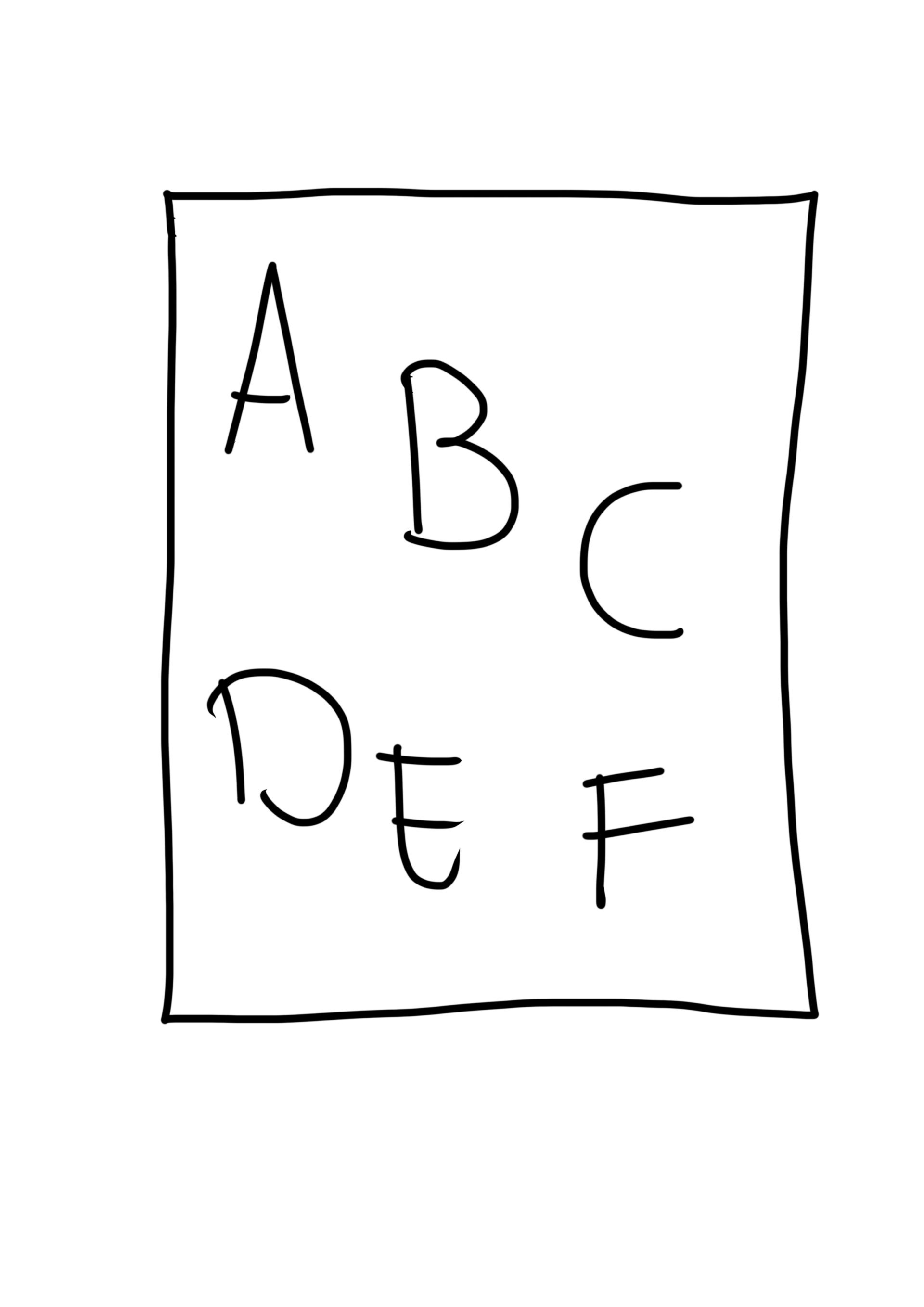 De letters A tot en met F met de hand geschreven op wit papier.